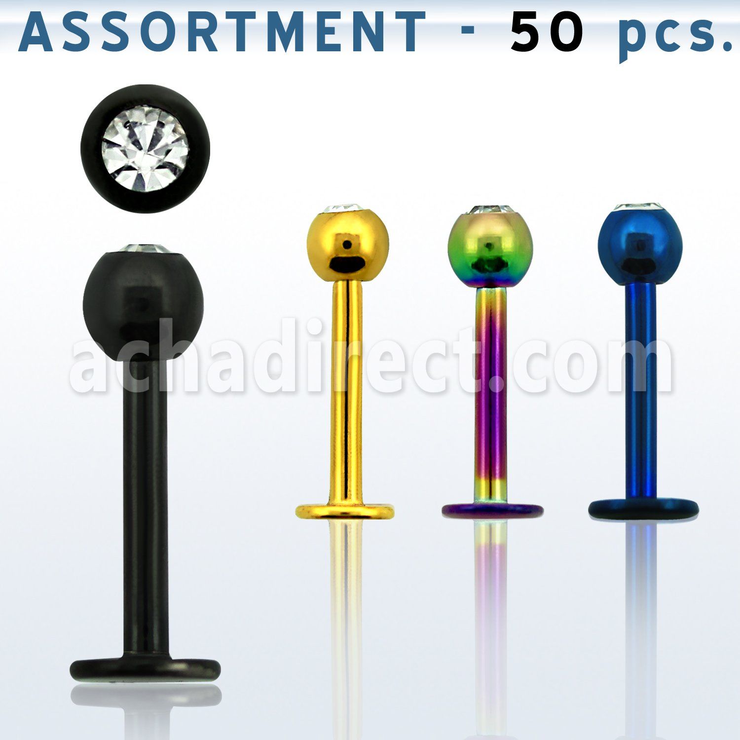 blk75 surtido piercings 50 labrets acero 316l anodizado bolas joya bisel 3mm distribuidor