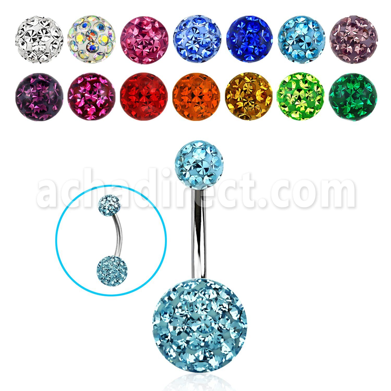 bn2f105 piercing ombligo acero quirurgico una bola 5mm otra 10mm multi cristal ferido al por mayor