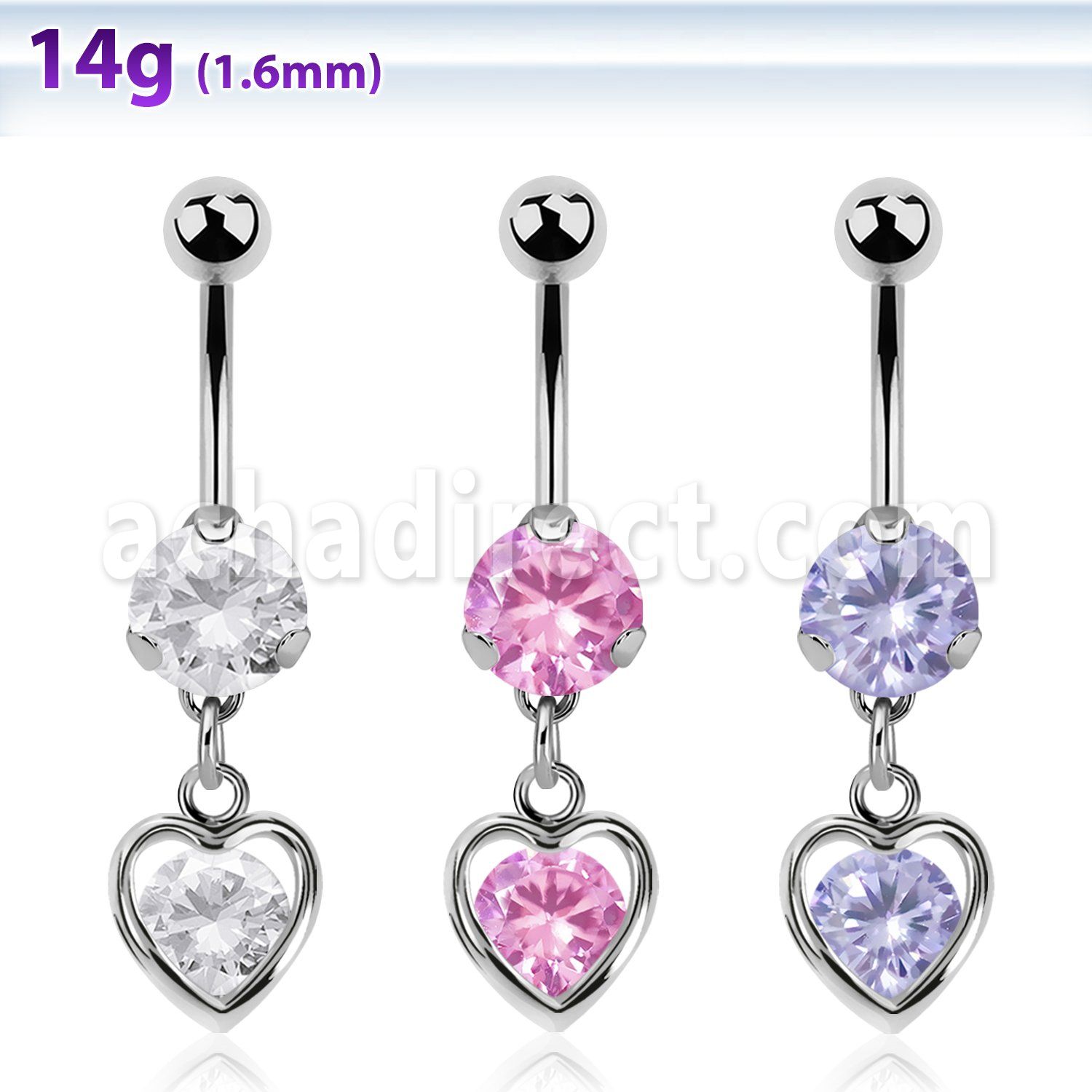 bnrz419 piercing ombligo acero quirurgico zirconia 8mm colgante corazon zirconia redonda medio plata mayorista
