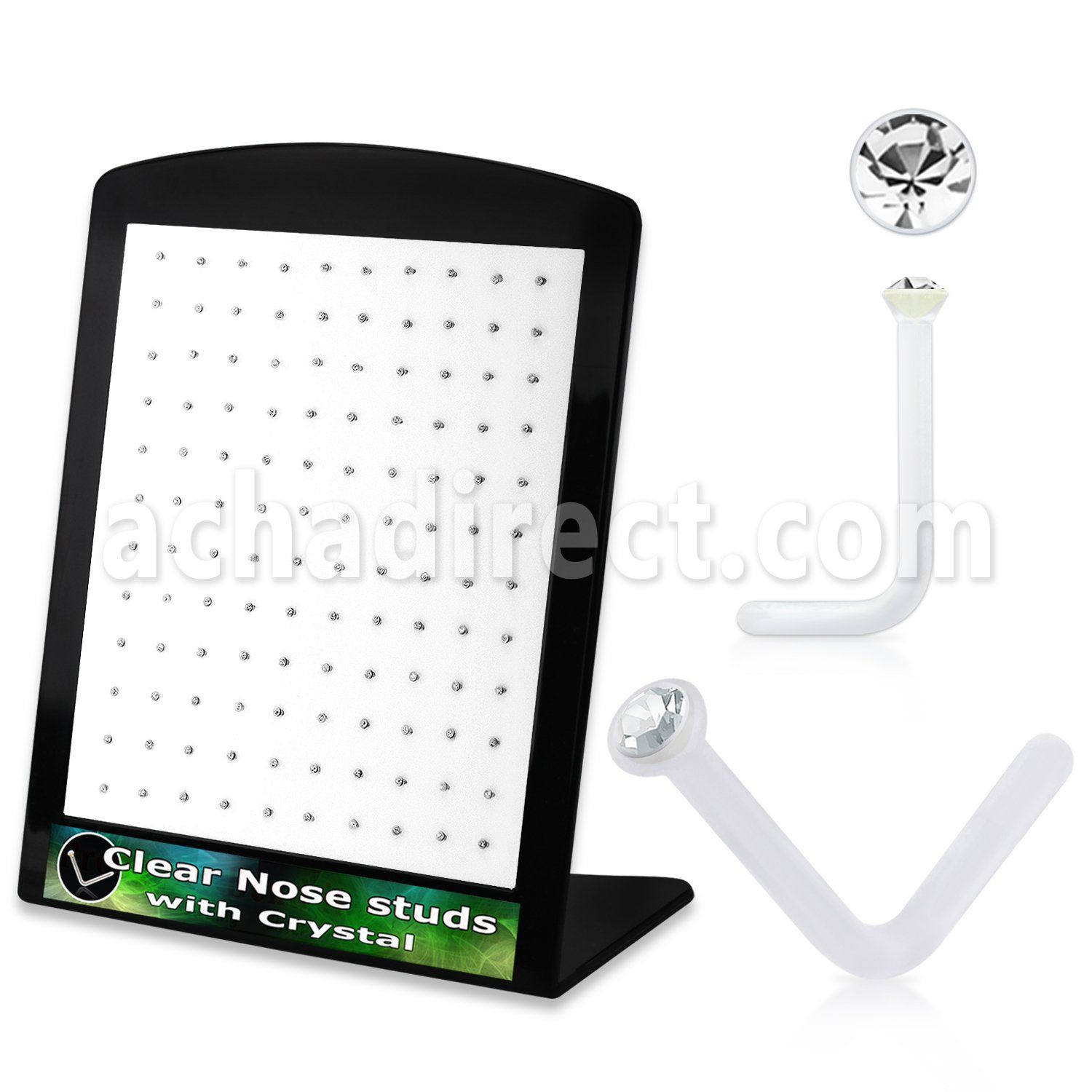 board w 120 acrylic nose studs w 1.5mm clear crystals