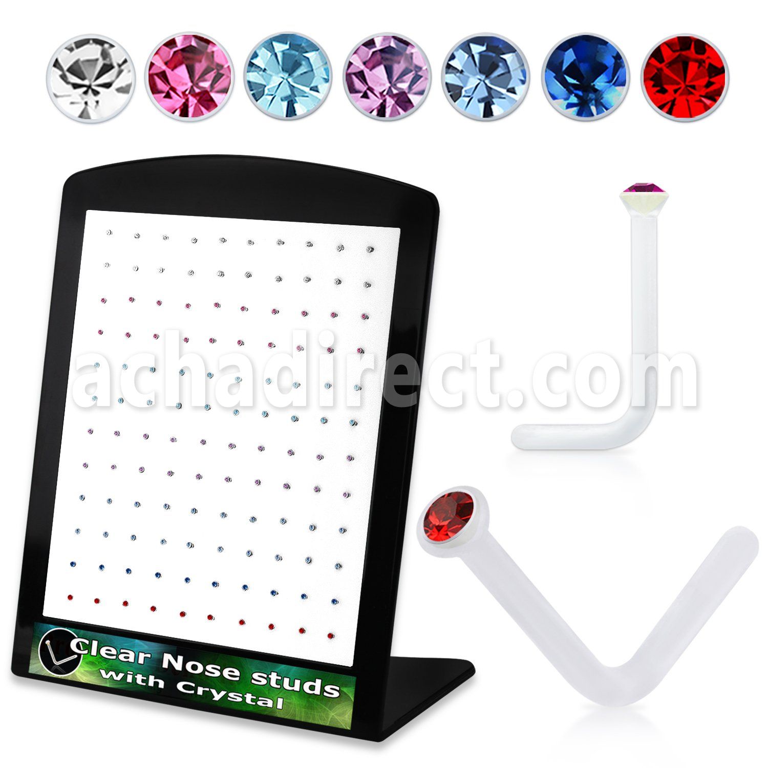 board w 120 acrylic nose studs w 1.5mm color crystals