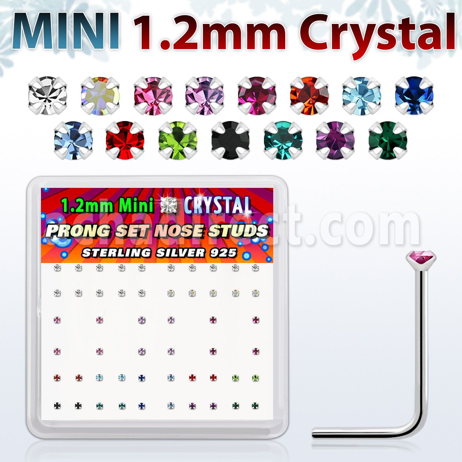 box silver nose studs w 1.2mm prong set color crystals