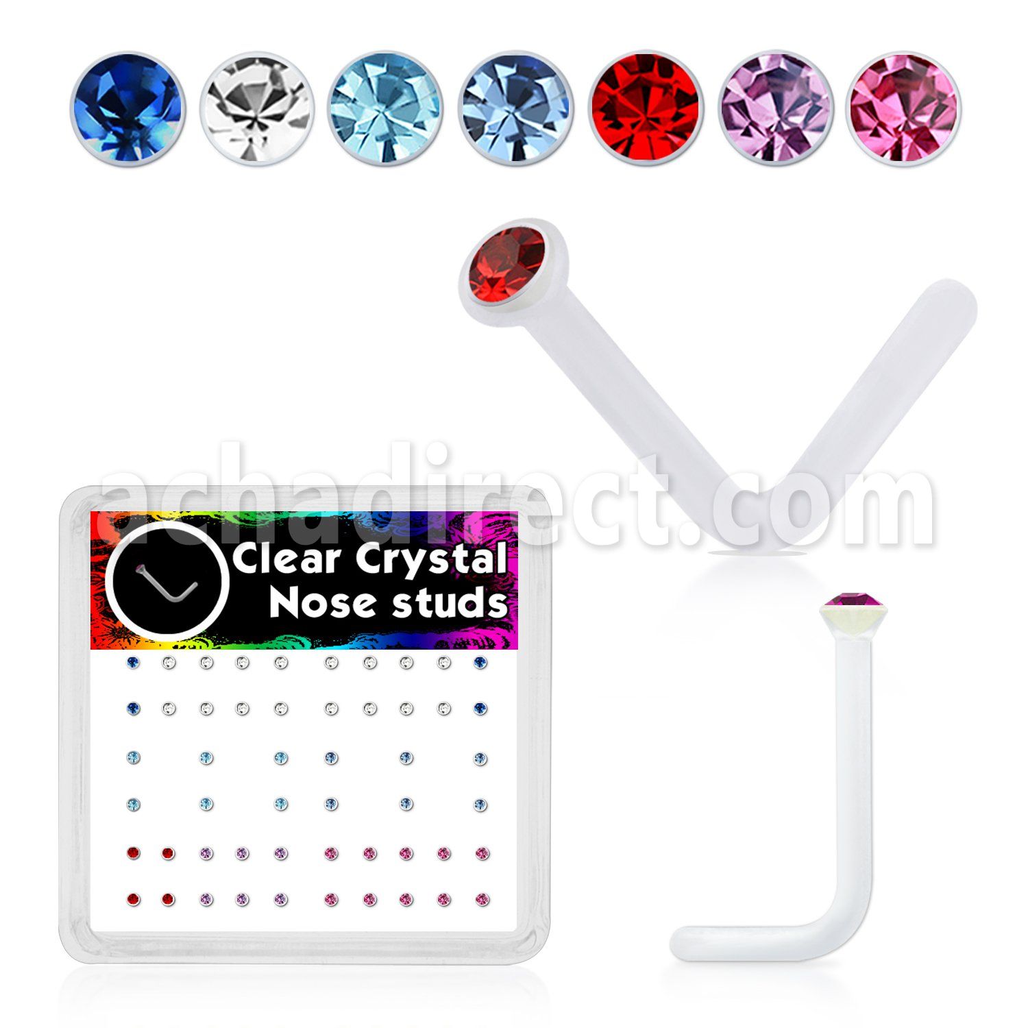 box w 52 acrylic nose studs w 1.5mm color crystals