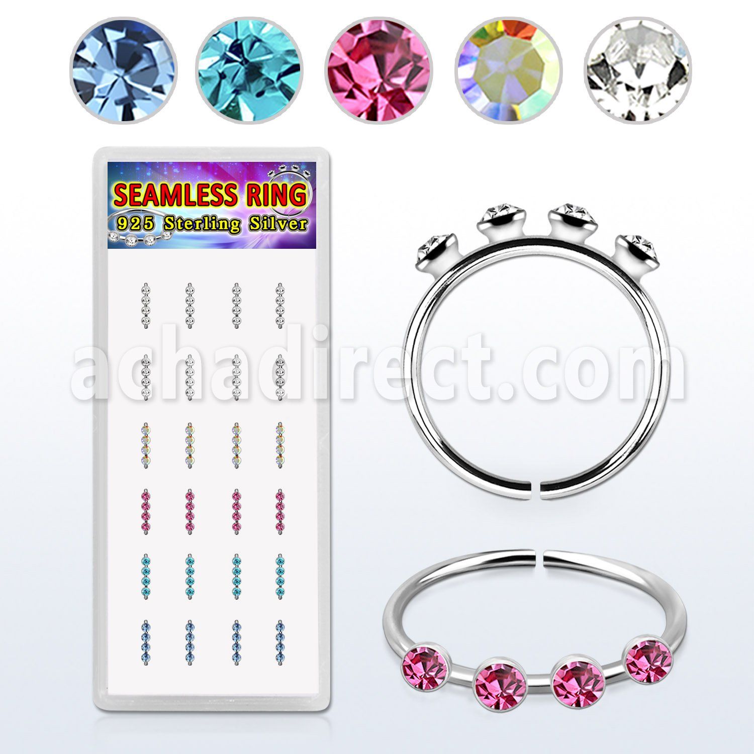 box w silver seamless nose hoop w 4 color 1.5mm crystals 