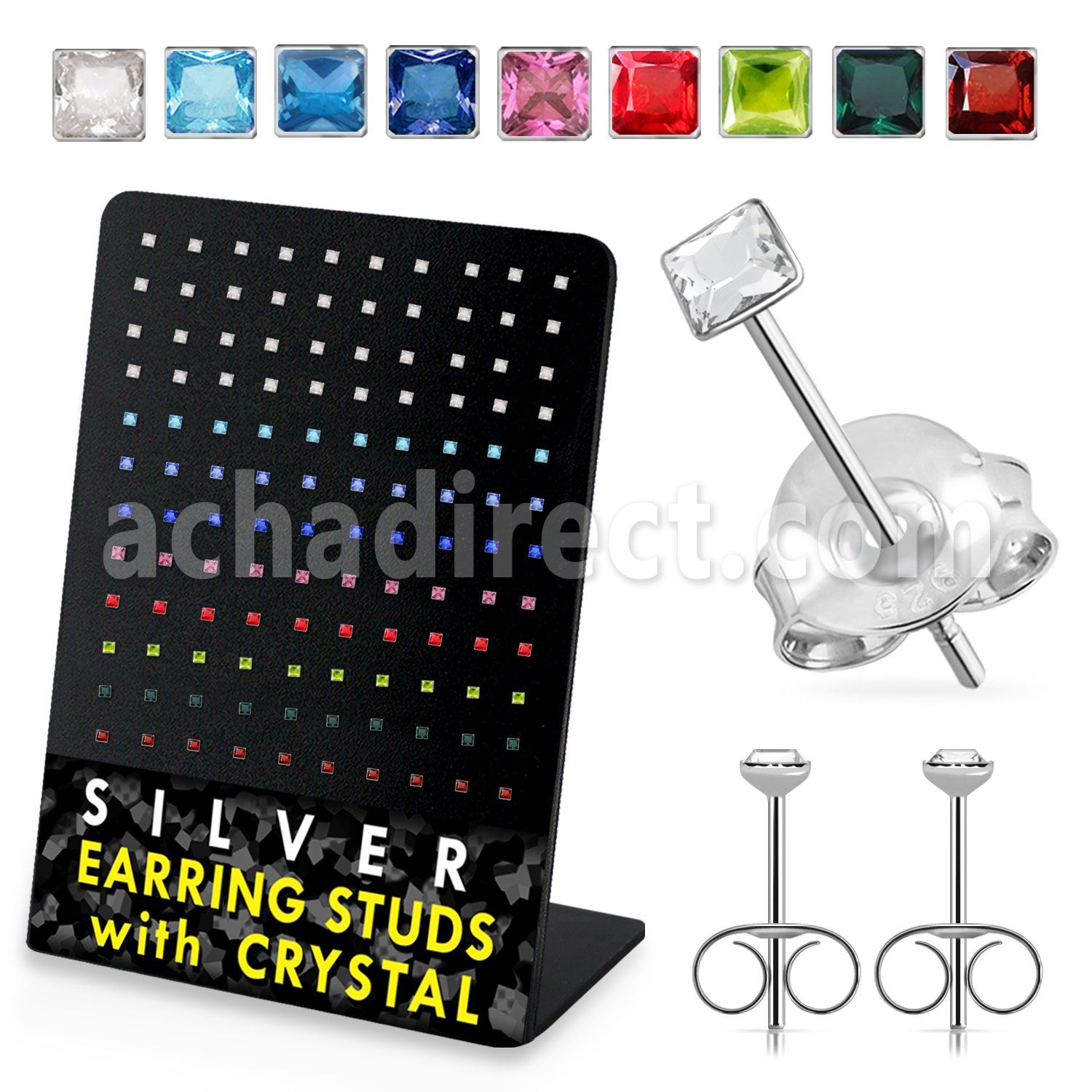 br067 display 60 pares piercings oreja plata esterlina cristal cuadrado 2mm mayorista