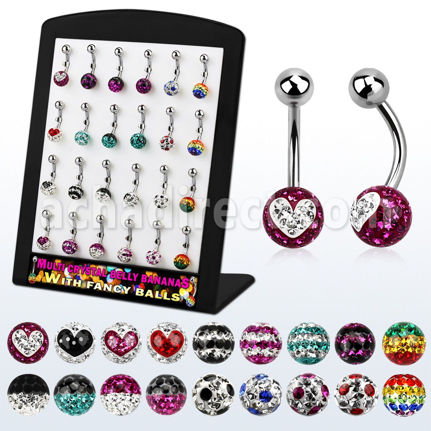 brbn7 display 24 piercings ombligo acero quirurgico bola acero 5mm bola multi cristal ferido 8mm disenos variados 8mm 14mm distribuidor mayorista