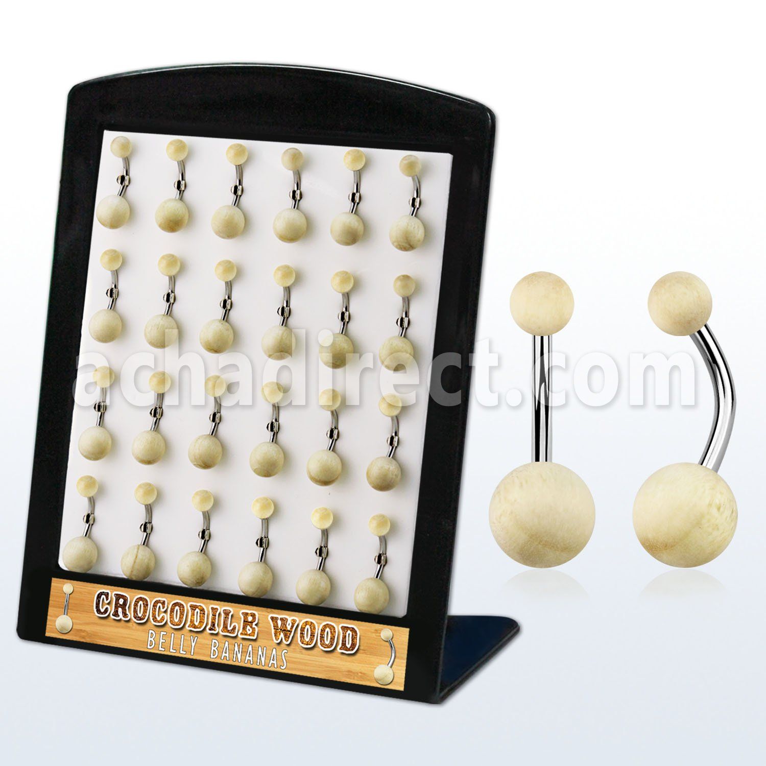 brbngcr display 24 piercings ombligo organicos barra acero 316l bolas madera cocodrilo 5 8mm 10mm al por mayor
