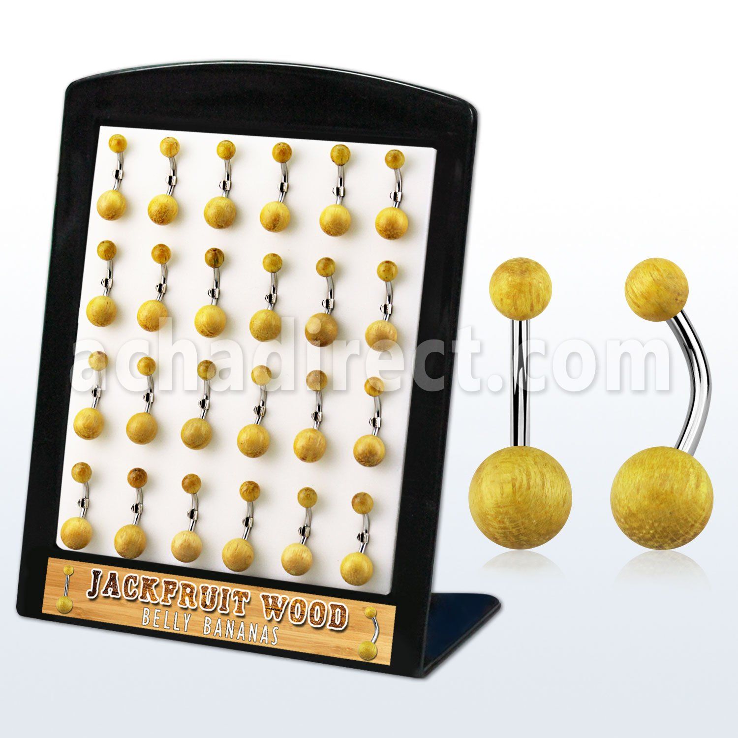 brbngjf display 24 piercings ombligo organicos barra acero 316l bolas madera jaca 5 8mm 10mm mayorista