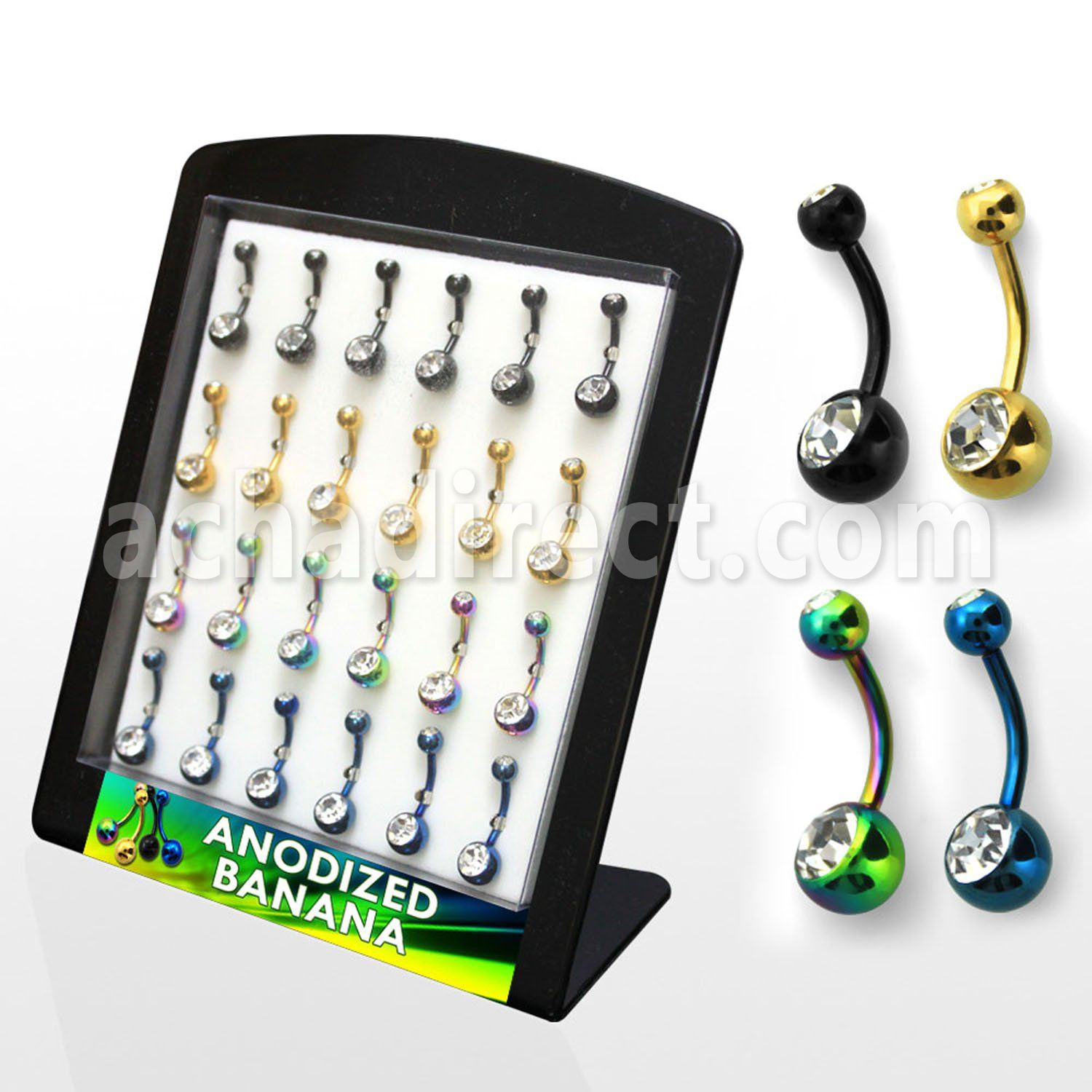 brbnt1 display 24 bananas ombligo acero quirurgico anodizado bolas joya biseel 5 8mm 10mm mayorista