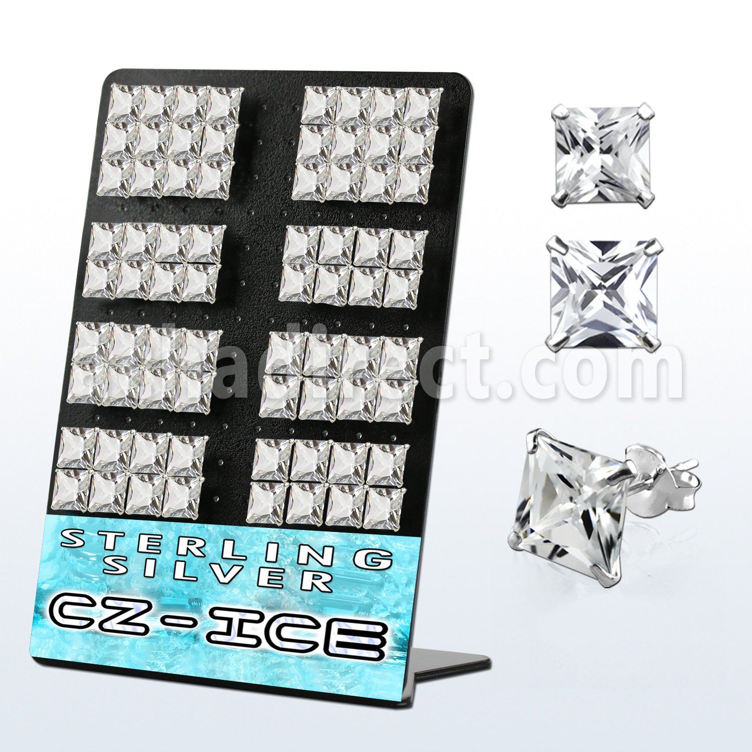 brczsq9 display 36 pares piercings oreja plata esterlina zirconia cuadradas claras 9mm 10mm al por mayor
