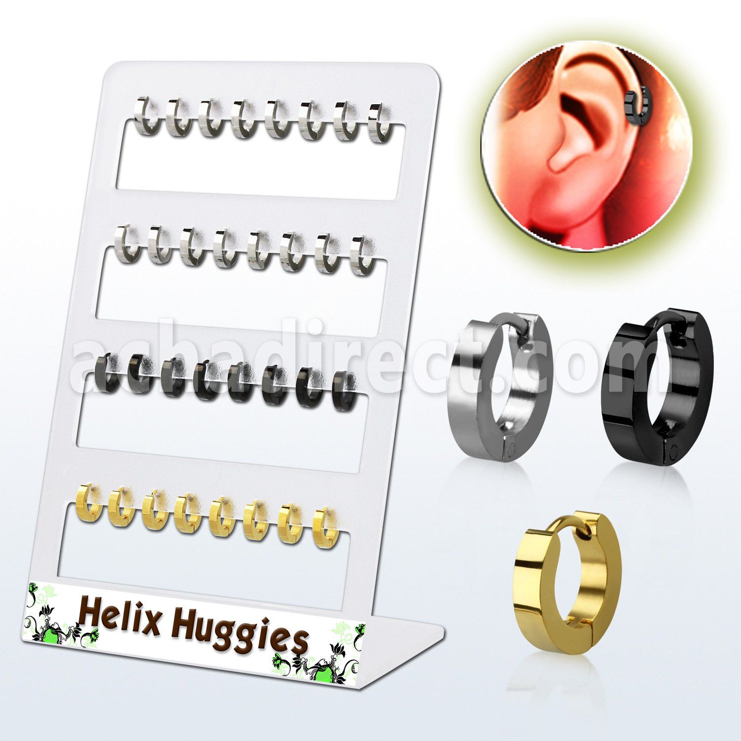 brer26 display 32 huggies helix acero brillo espejo acero quirurgico anodizado negro dorado diametro 7mm al por mayor