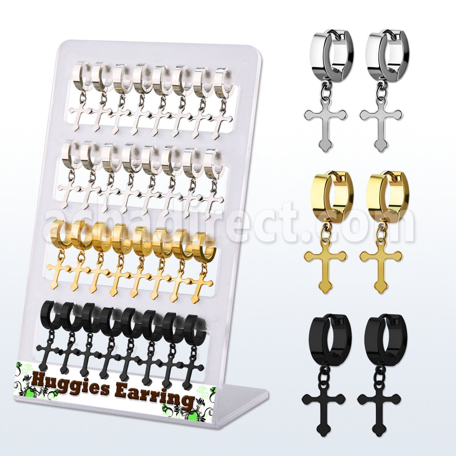 brer34 display 16 pares huggie acero inoxidable colgante cruz negro oro acero distribuidor mayorista
