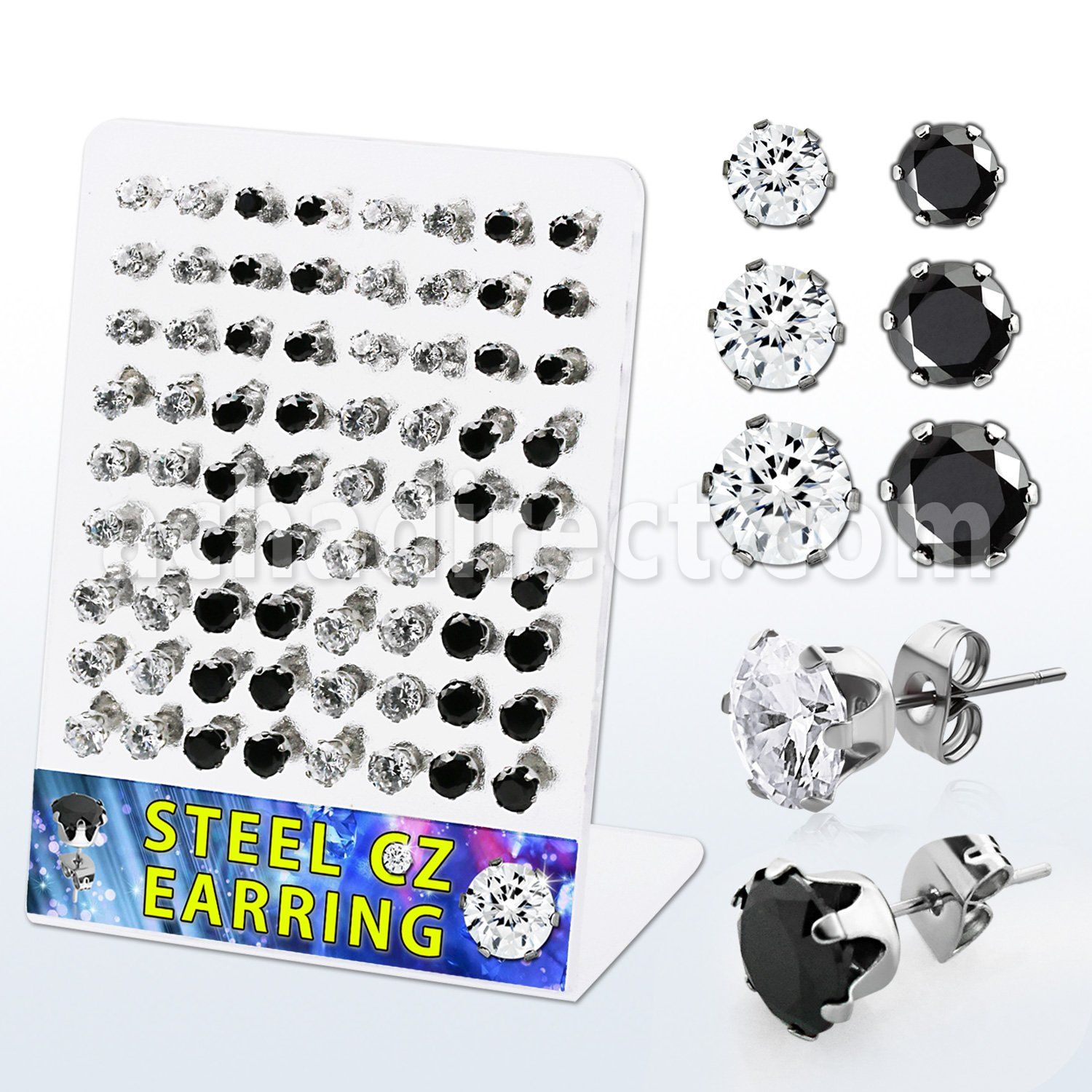 brescz6 display 36 pares piercings oreja acero inoxidable zirconia redondas claras negras 4mm 6mm venta
