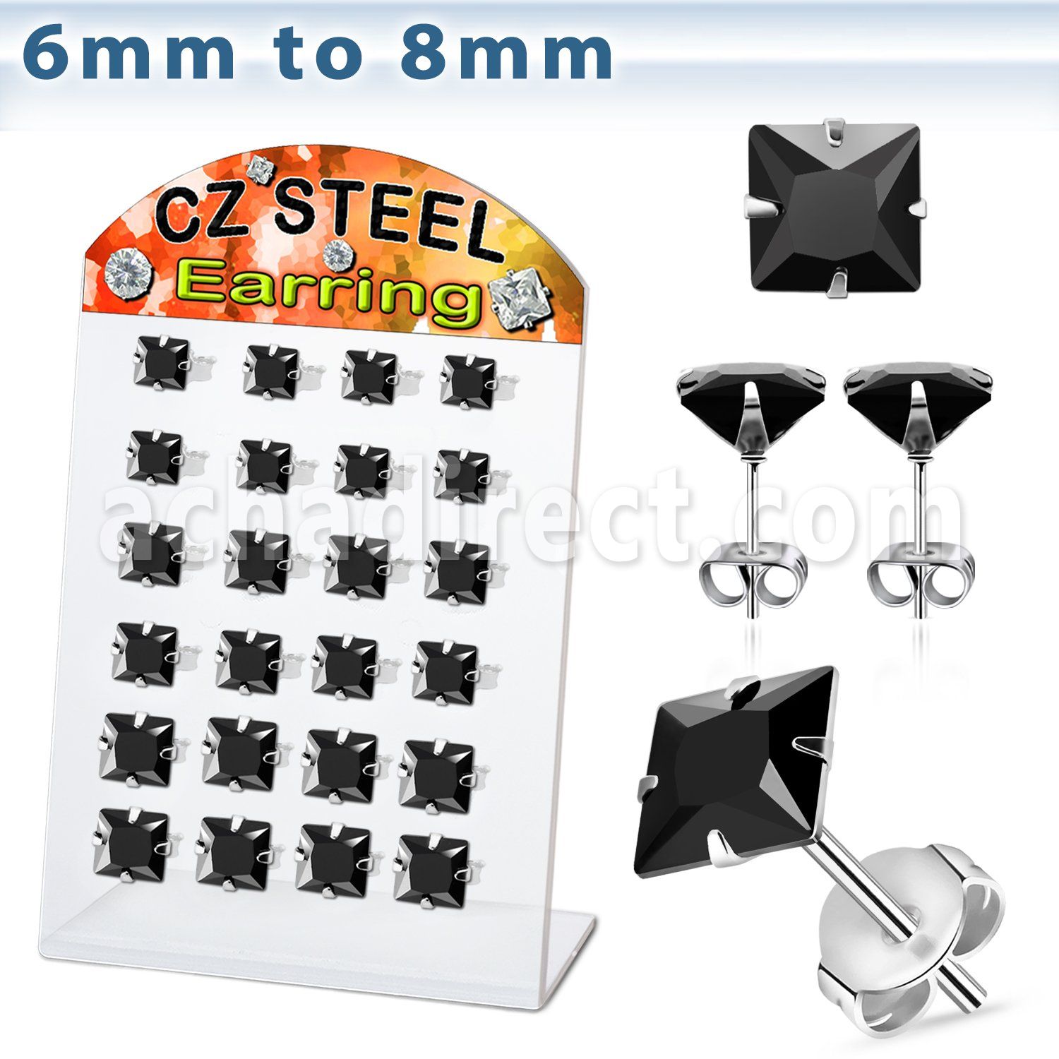 bresq2 display 12 pares piercings oreja acero inoxidable zirconia cuadradas negras 6mm 8mm distribuidor
