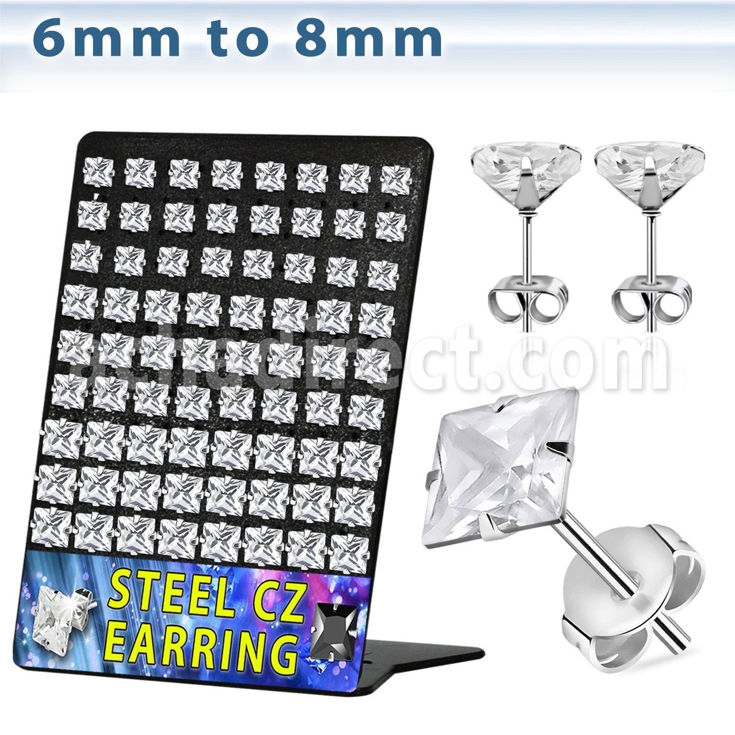 bresqz display 36 pares piercings oreja acero inoxidable zirconia cuadradas claras 6mm 8mm venta