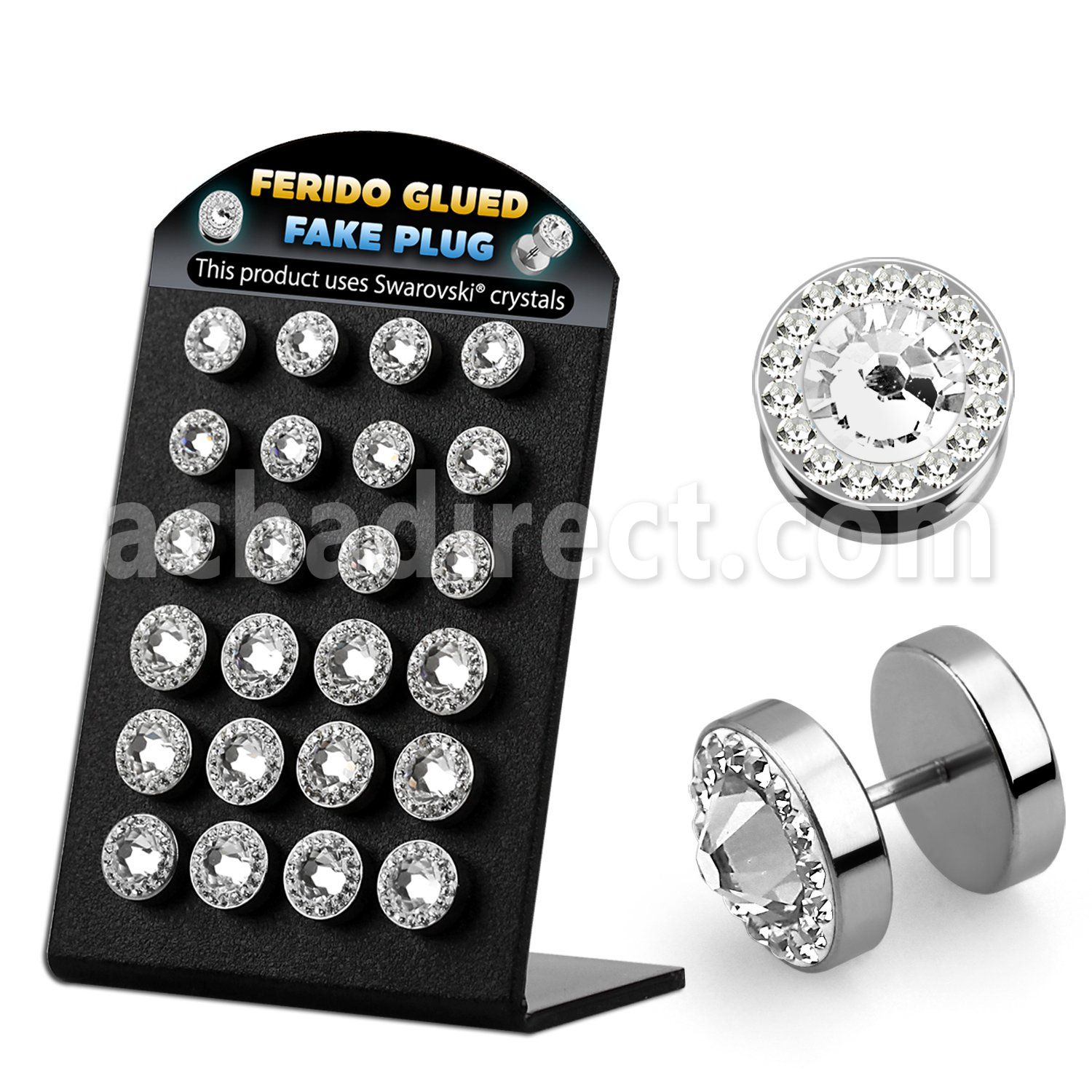 bripf6 display acrilico 24 plugs falsos acero cristal swarovski claro ferido centro cristal 8mm 10mm al por mayor