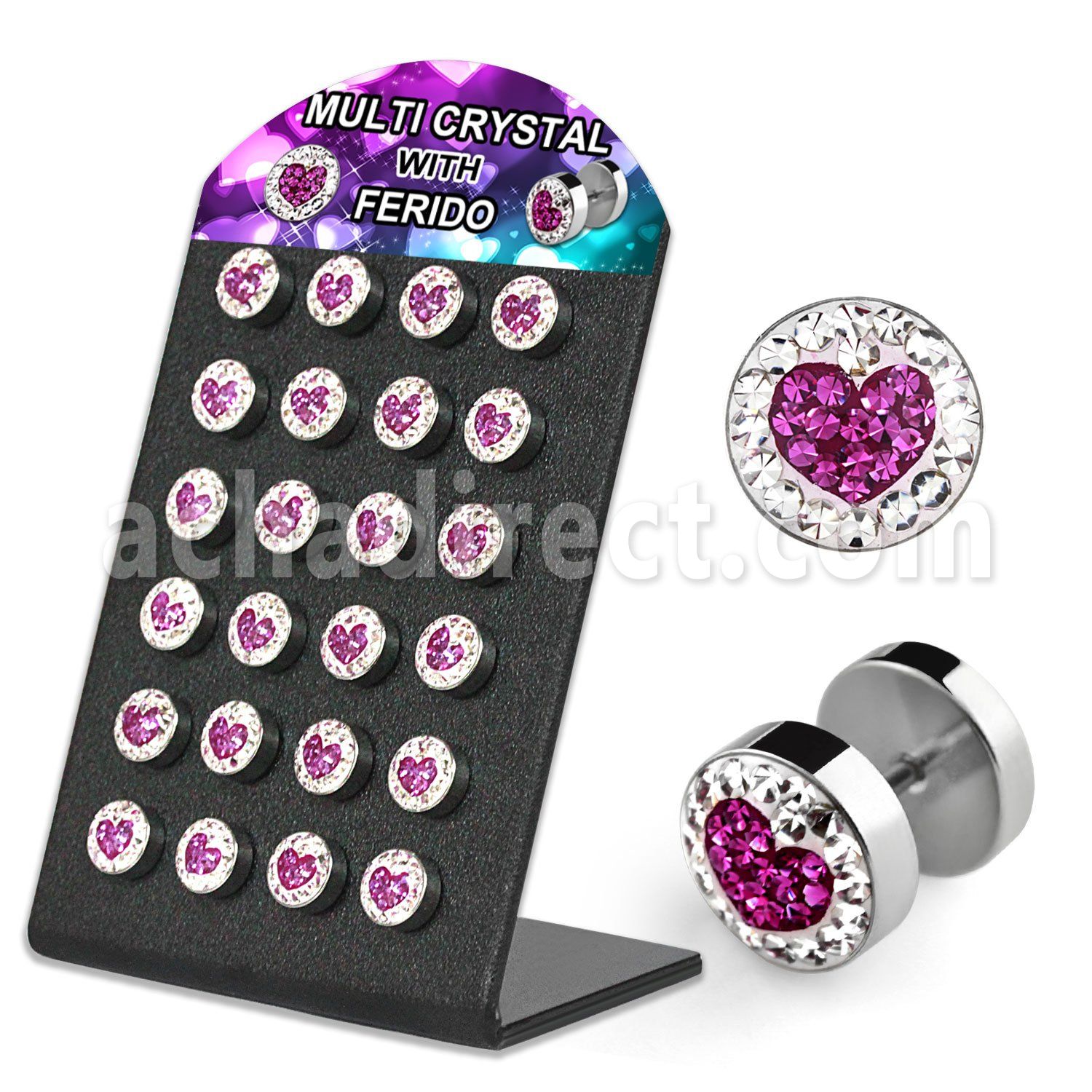 briprh8 display 24 plugs falsos acero quirurgico logo corazon multi cristal ferido 8mm fondo claro acero liso 8mm distribuidor mayorista