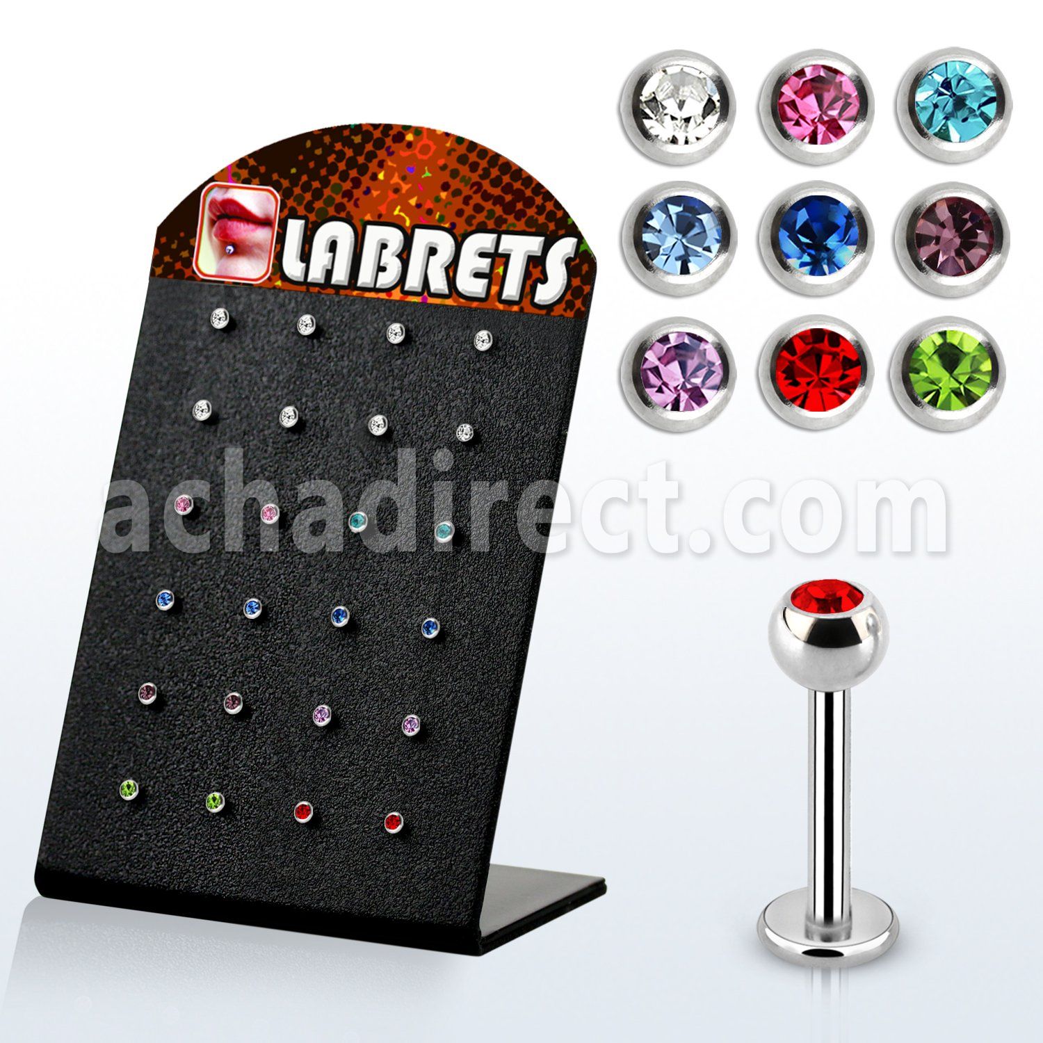 brlbc3 display expositor 24 labrets acero 316l bolas joya bisel 3mm 8mm venta