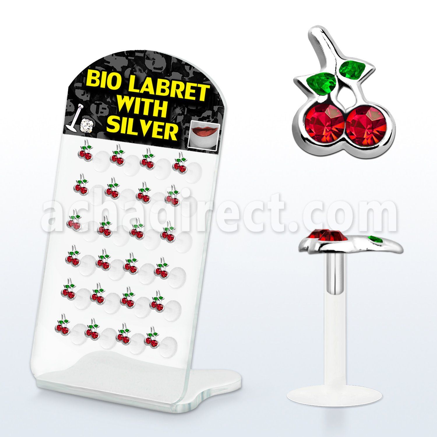 brlbi11 display 24 labrets bio flexibles transparentes plata esterlina cerezas cristal 8mm al por mayor