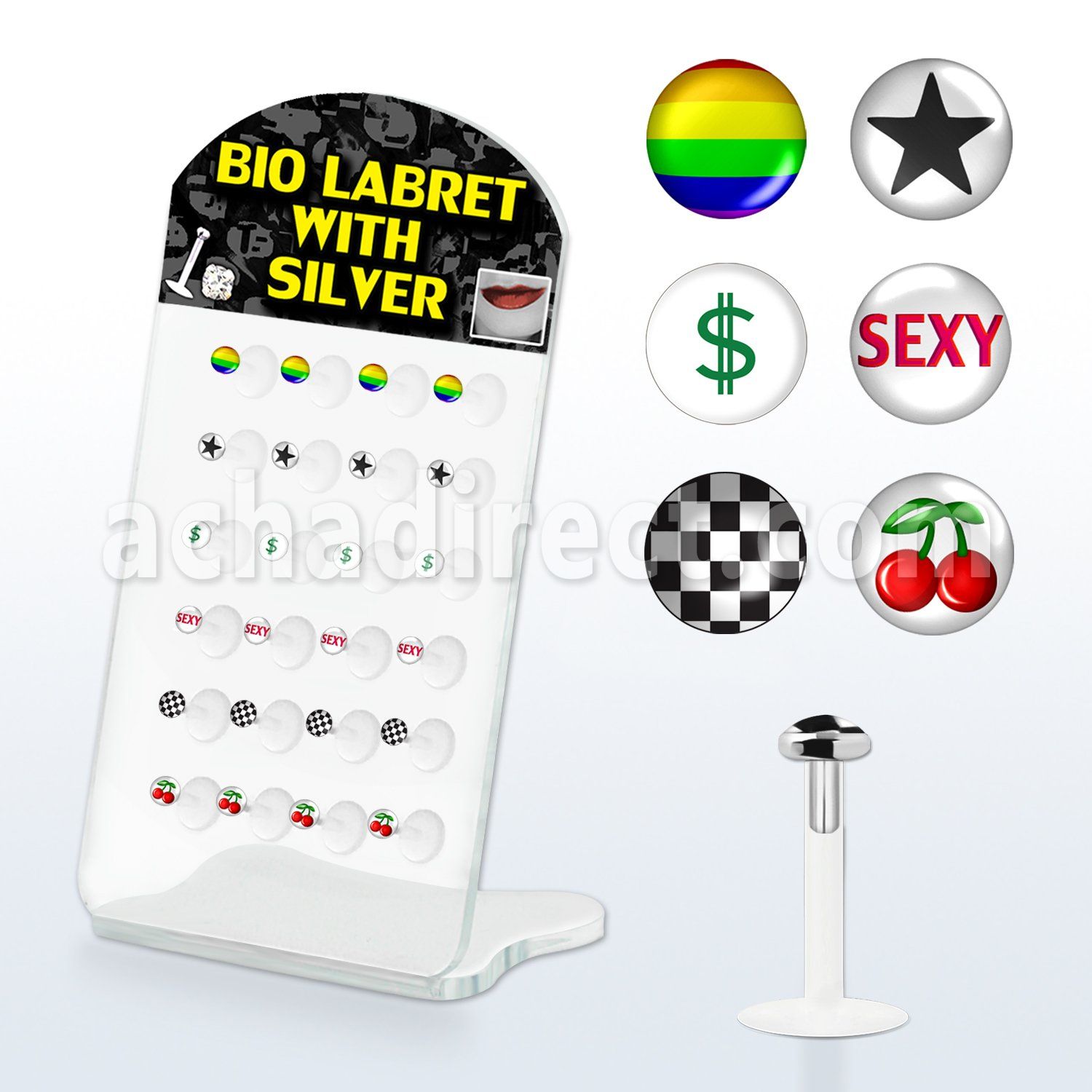 brlbi21 display 24 labrets bio flexibles transparentes plata esterlina presion 3mm logos variados 8mm distribuidor mayorista