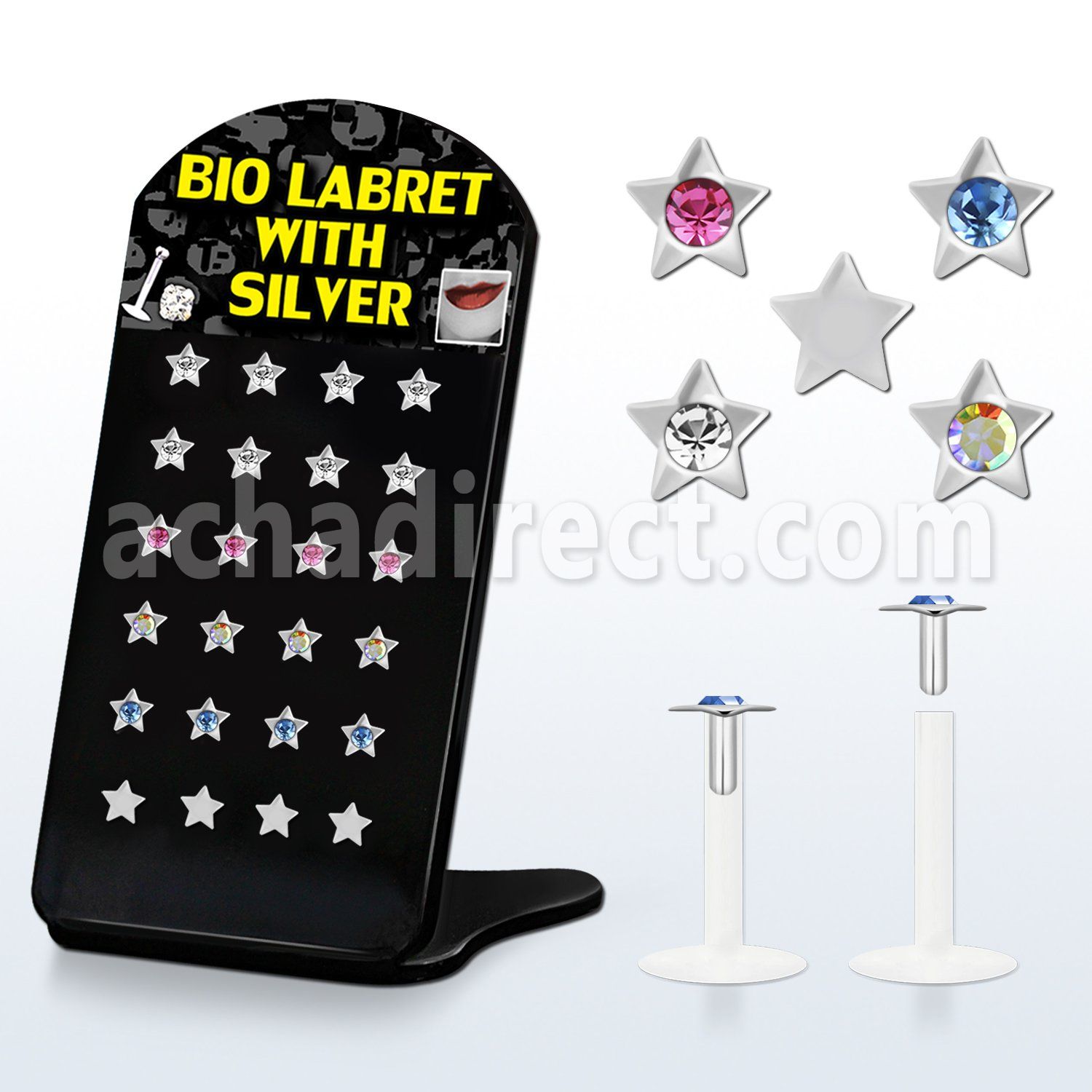 brlbi3 display 24 labrets bio flexibles transparentes zirconita cuadradas 2mm colores claros 8mm mayorista