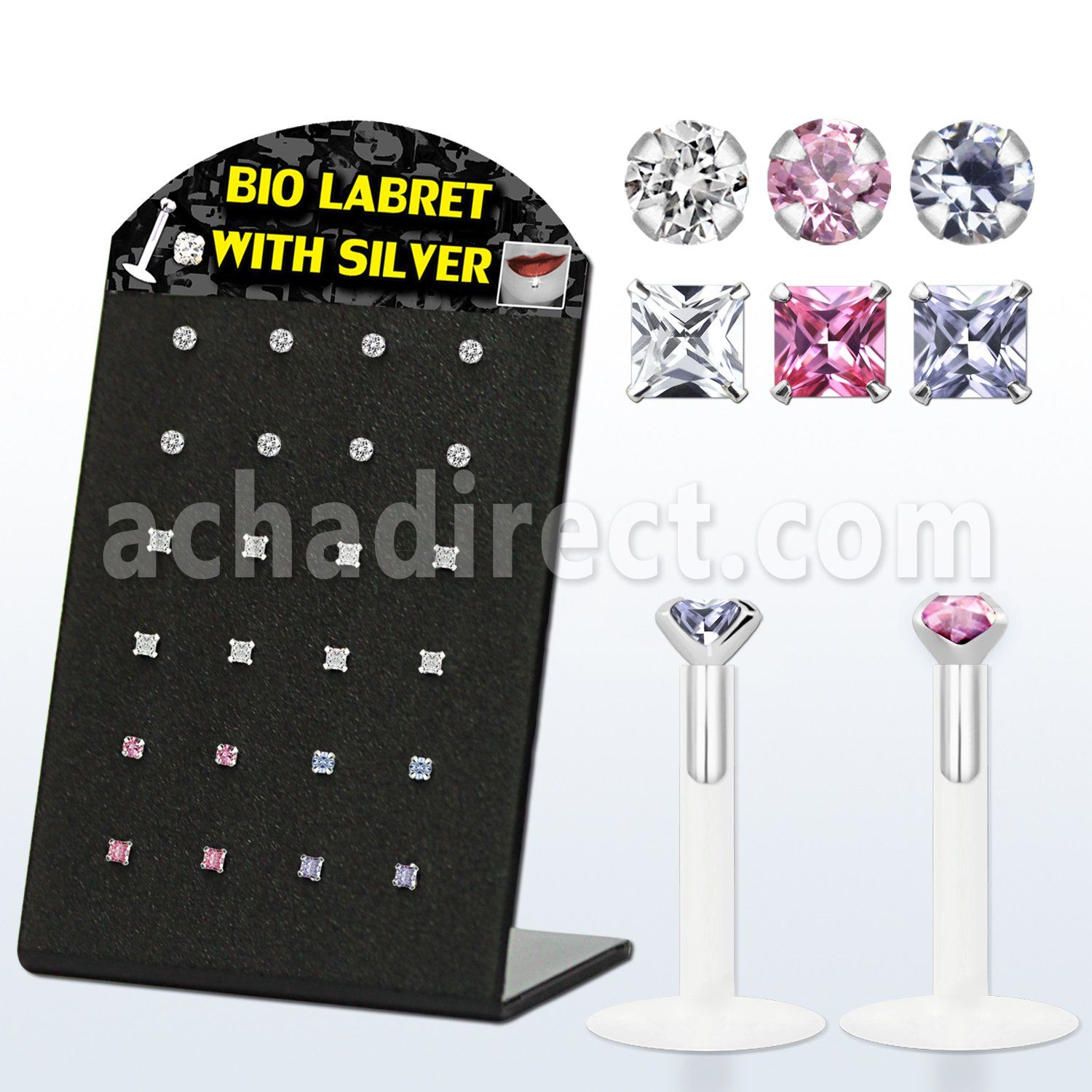 brlbi41 display 24 labrets bio flexibles transparentes zirconita cuadrada 2mm 8mm distribuidor