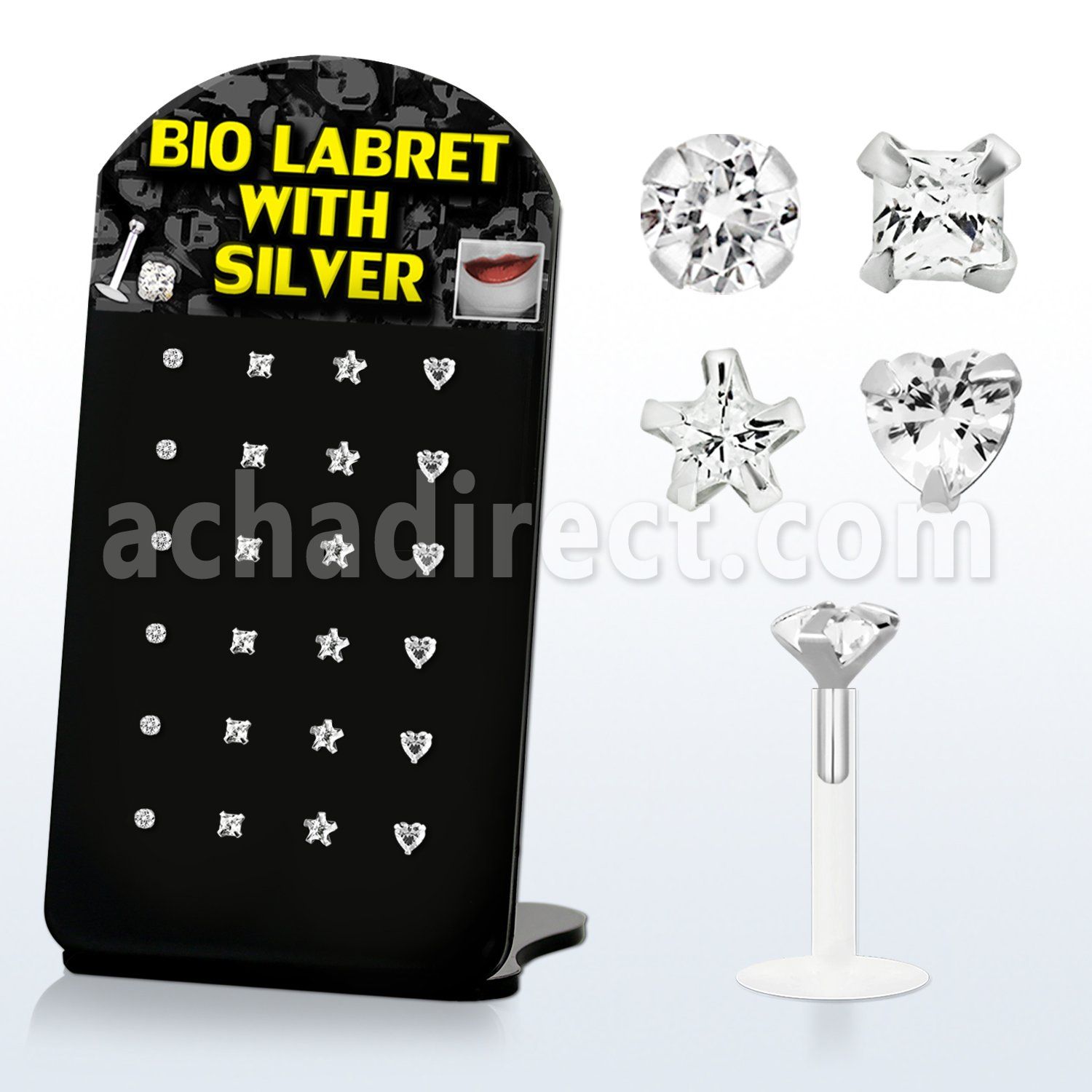 brlbi4 display 24 labrets bio flexibles transparentes zirconita claras formas redondas cuadradas corazon estrella 8mm venta