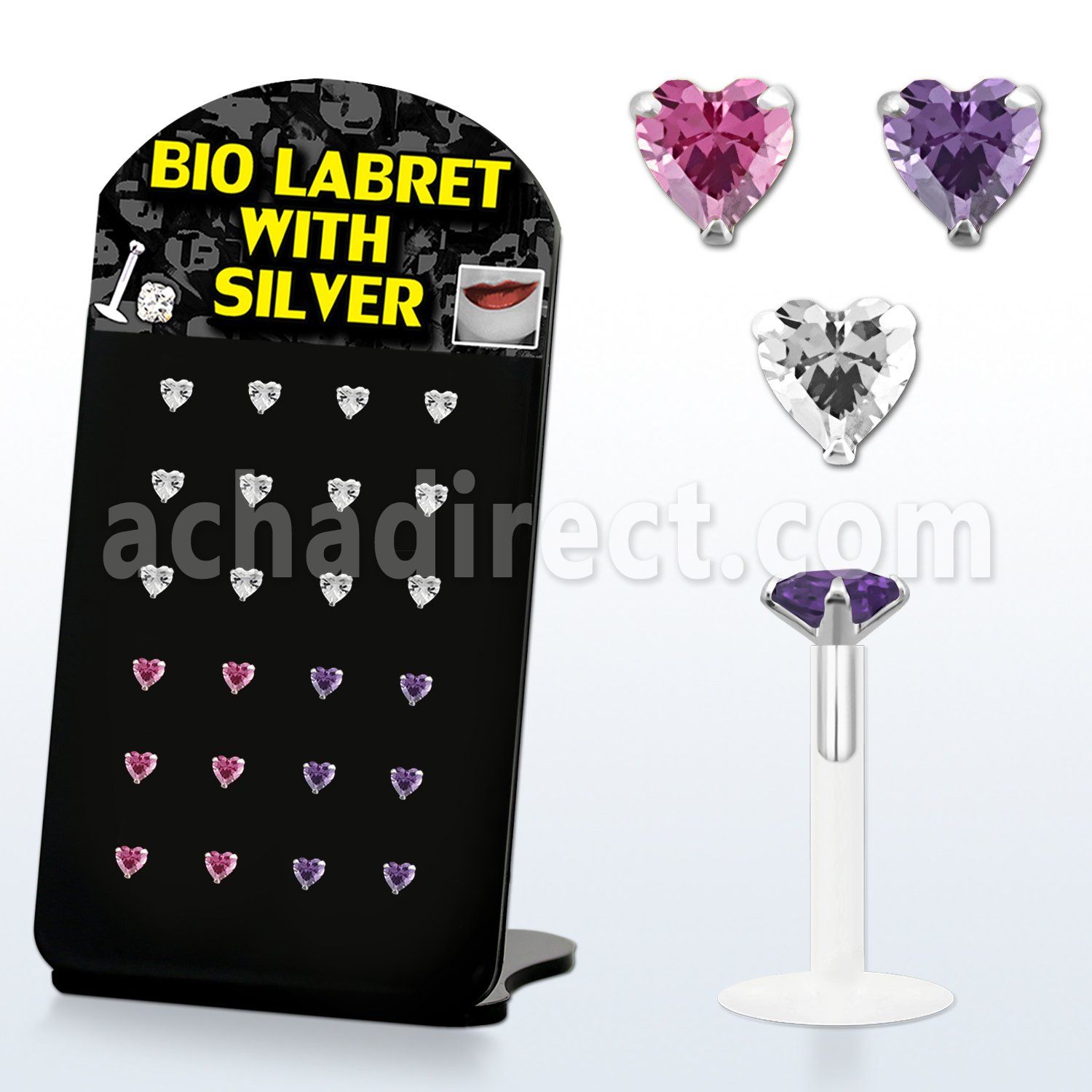 brlbi7 display 24 labrets bio flexibles transparentes zirconita corazon 3mm 8mm distribuidor mayorista