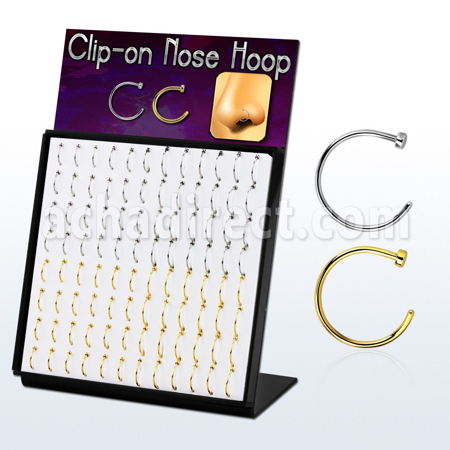 brmcln1 display 96 piercings nariz falsos clip acero 316l brillo espejo anodizado dorado diametro 8mm 10mm al por mayor