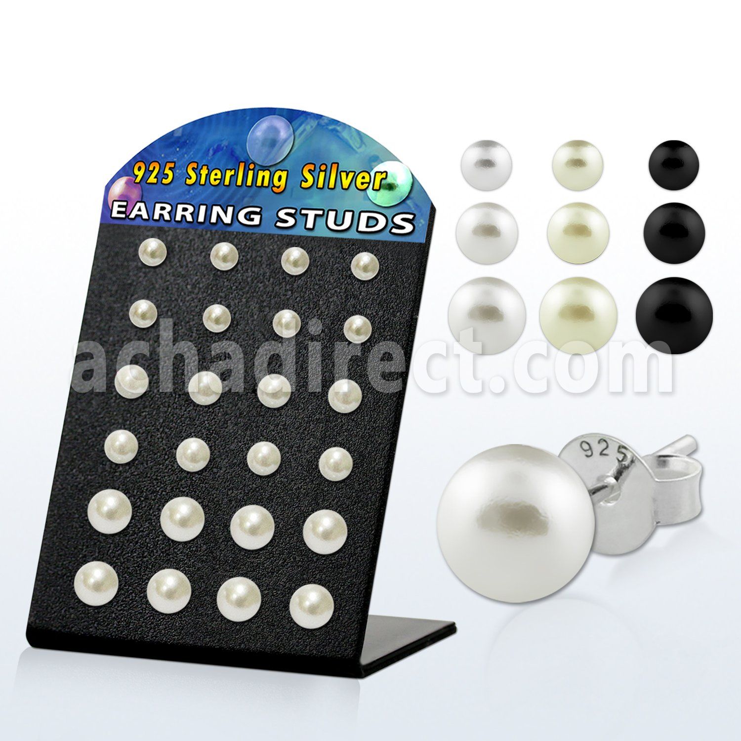 brmesp2 display acrilico 12 pares piercings oreja plata esterlina 925 perlas falsas color blanco negro perla 5mm 6mm 8mm mayorista