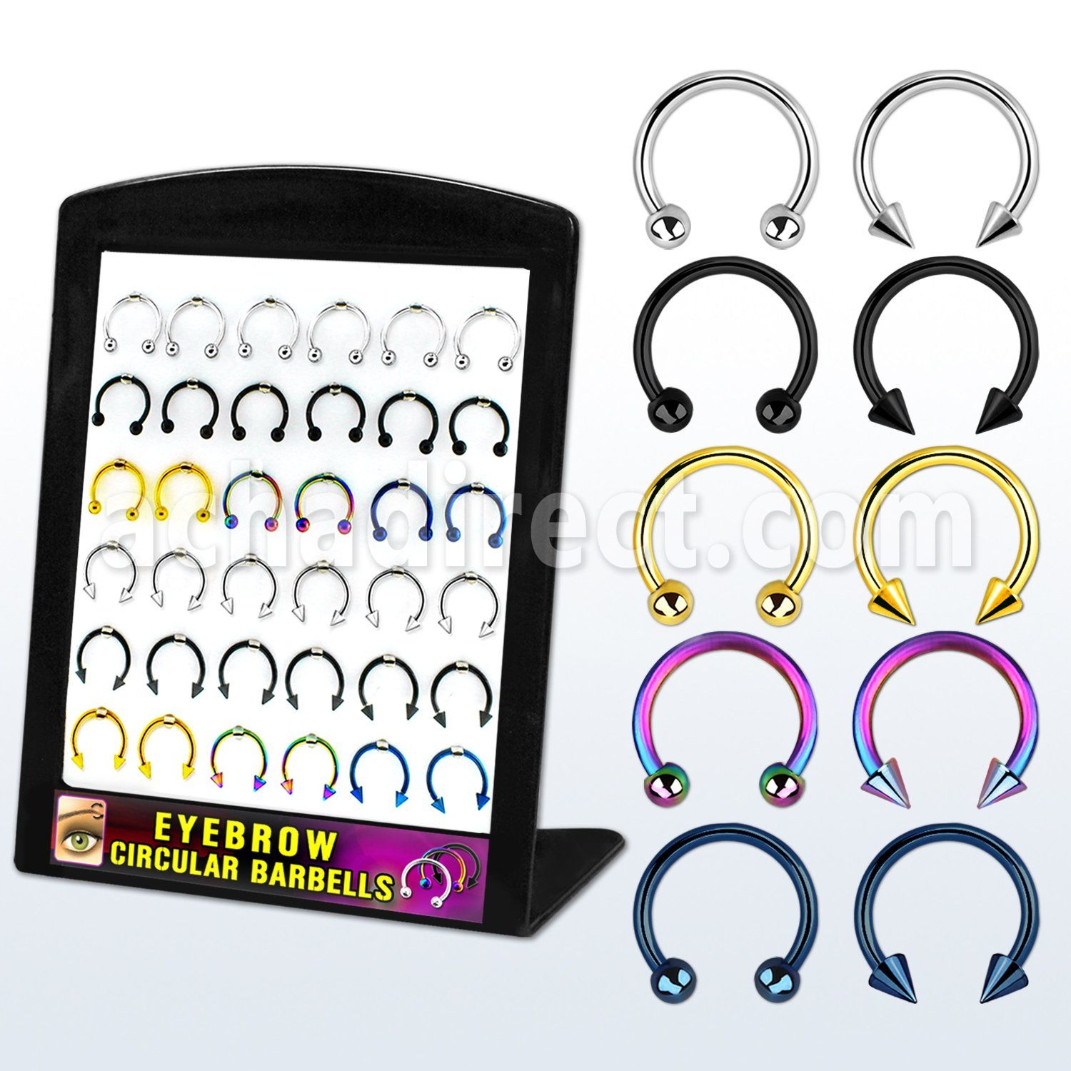 brmix22 display 36 barbells circulares ceja acero quirurgico variados bolas conos 3mm 8mm 10mm distribuidor mayorista