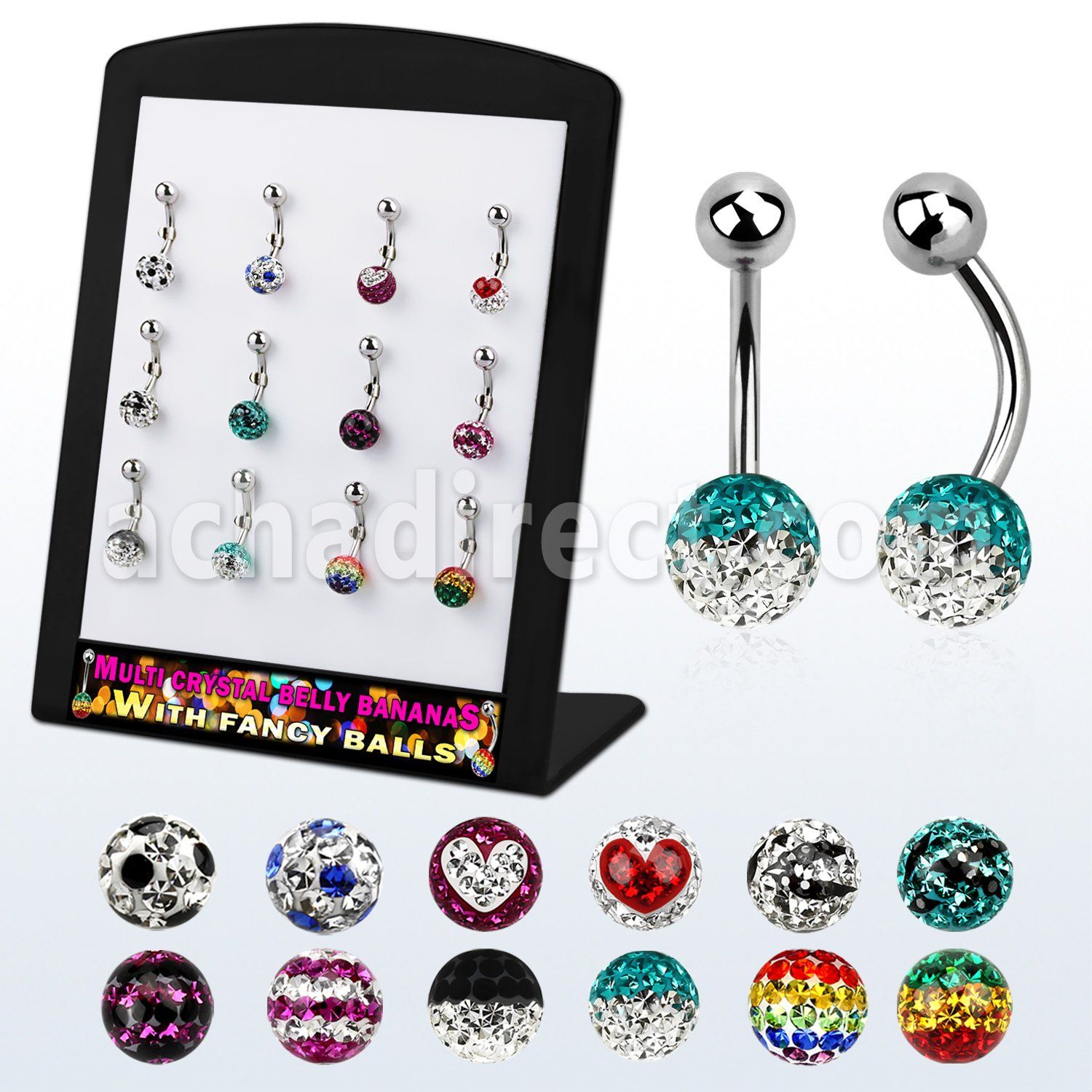 brmix28 display 12 piercings ombligo acero quirurgico bola acero 5mm bola 8mm multi cristal ferido disenos variados 8mm 14mm distribuidor