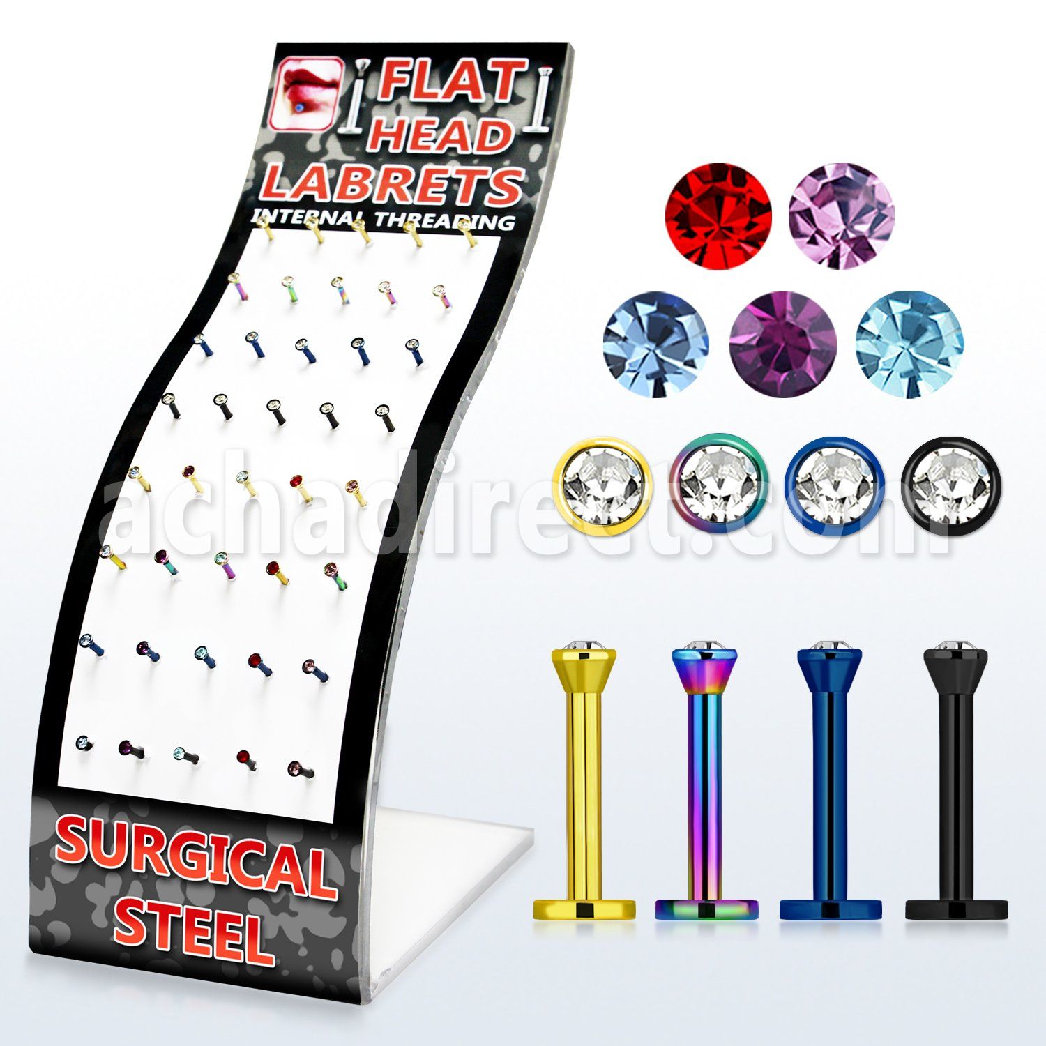 brmlb12 display 40 labret acero 316l anodizado rosca interna cristal 2 5mm 8mm distribuidor mayorista