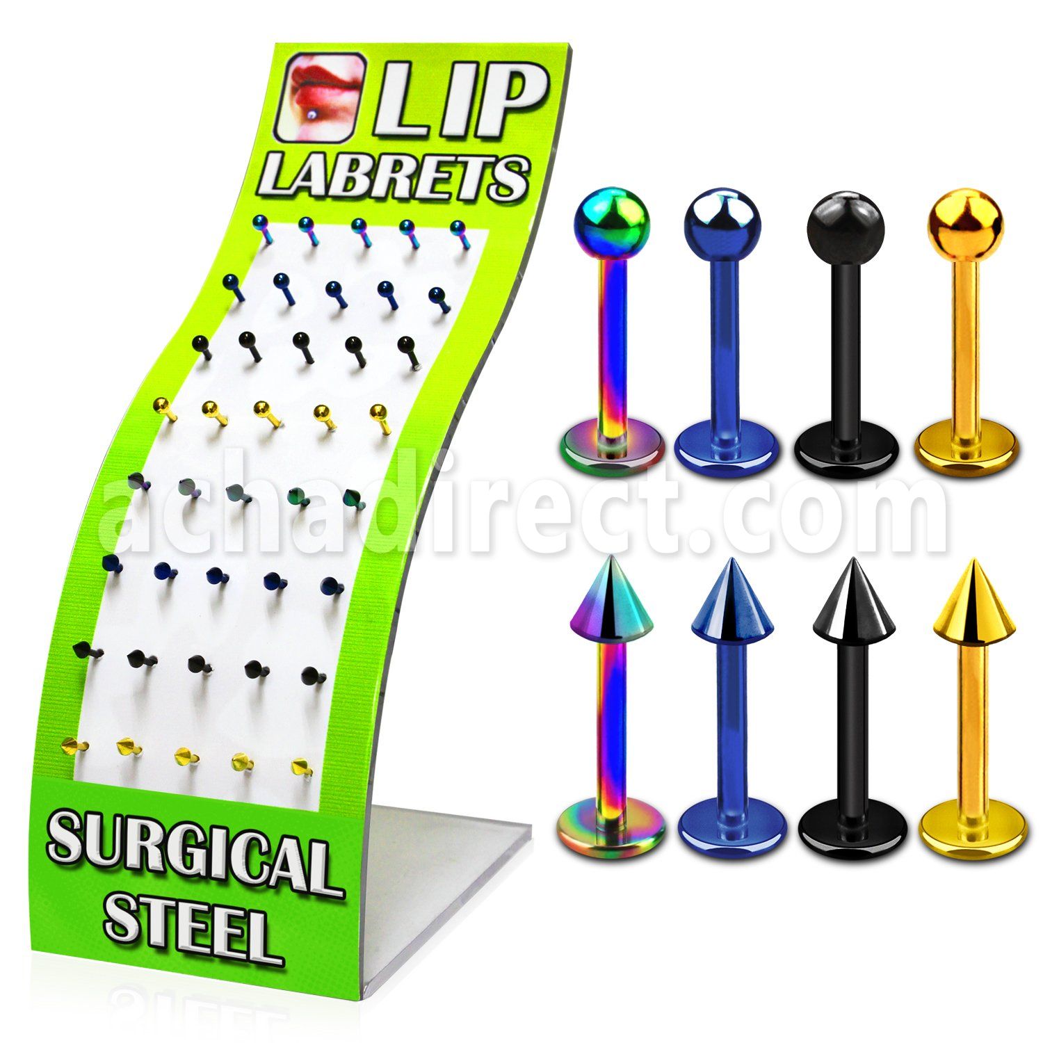 brmlb9 display 40 labrets acero quirurgico anodizado bolas conos 3mm 8mm venta