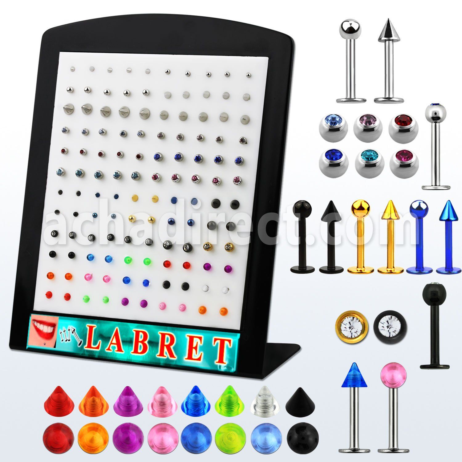 brmlb display 120 labrets variados acero quirurgico bolas conos 3mm surtidos 8mm al por mayor