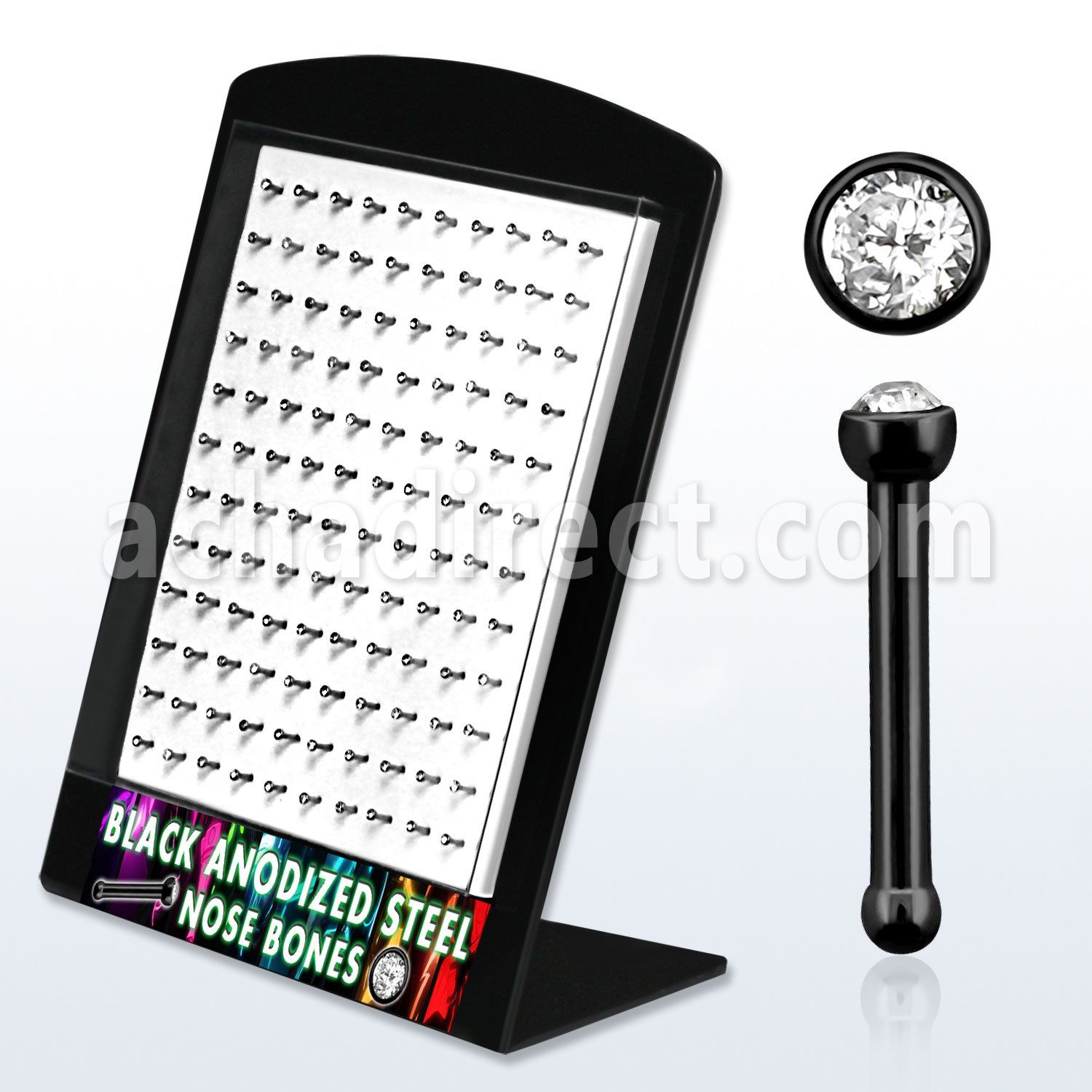 brnbts2 display 120 piercing nariz hueso acero quirurgico anodizado negro 1mm cristal claro 2mm venta