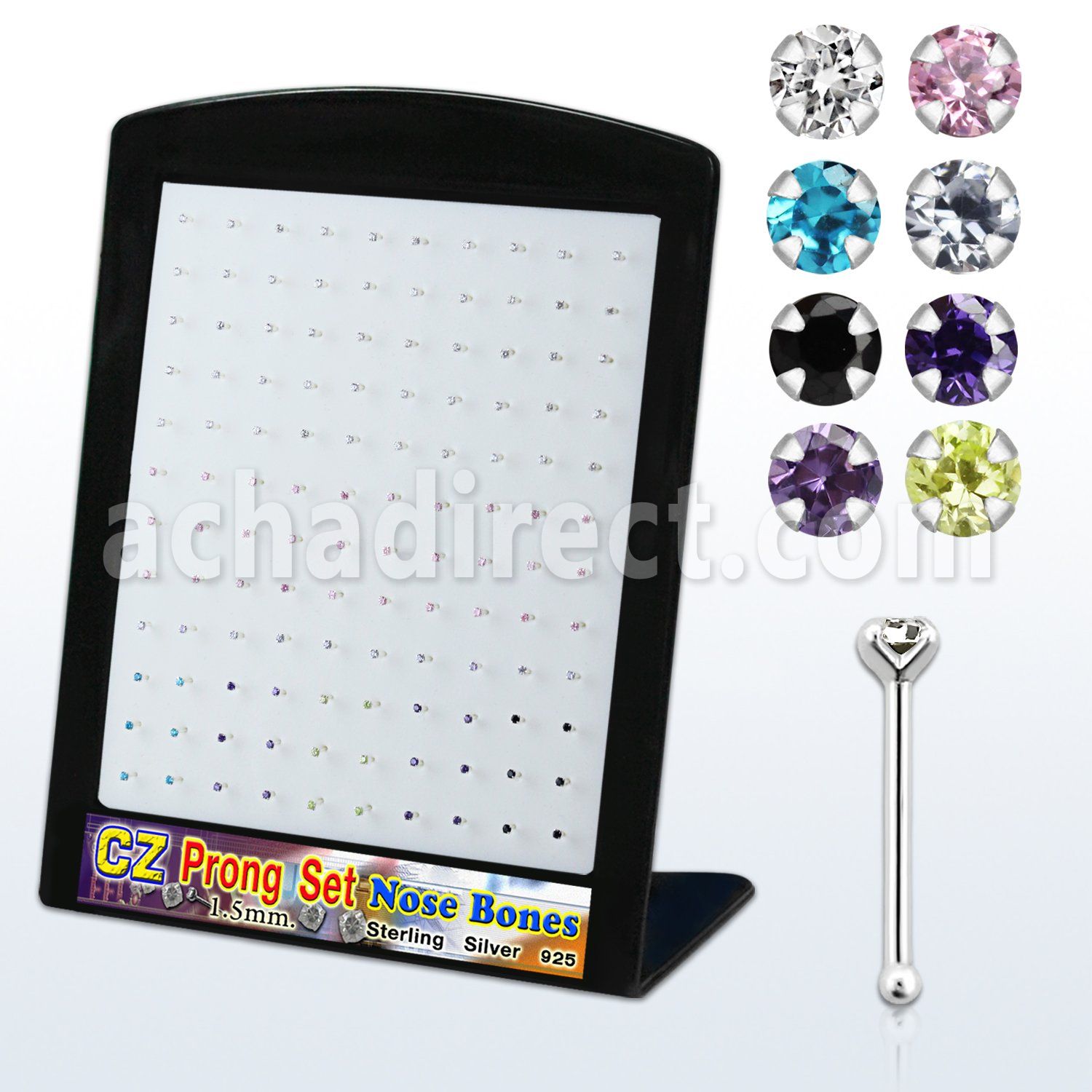 brnbzm2 display unidades piercing nariz hueso plata esterlina cz redonda colores variados