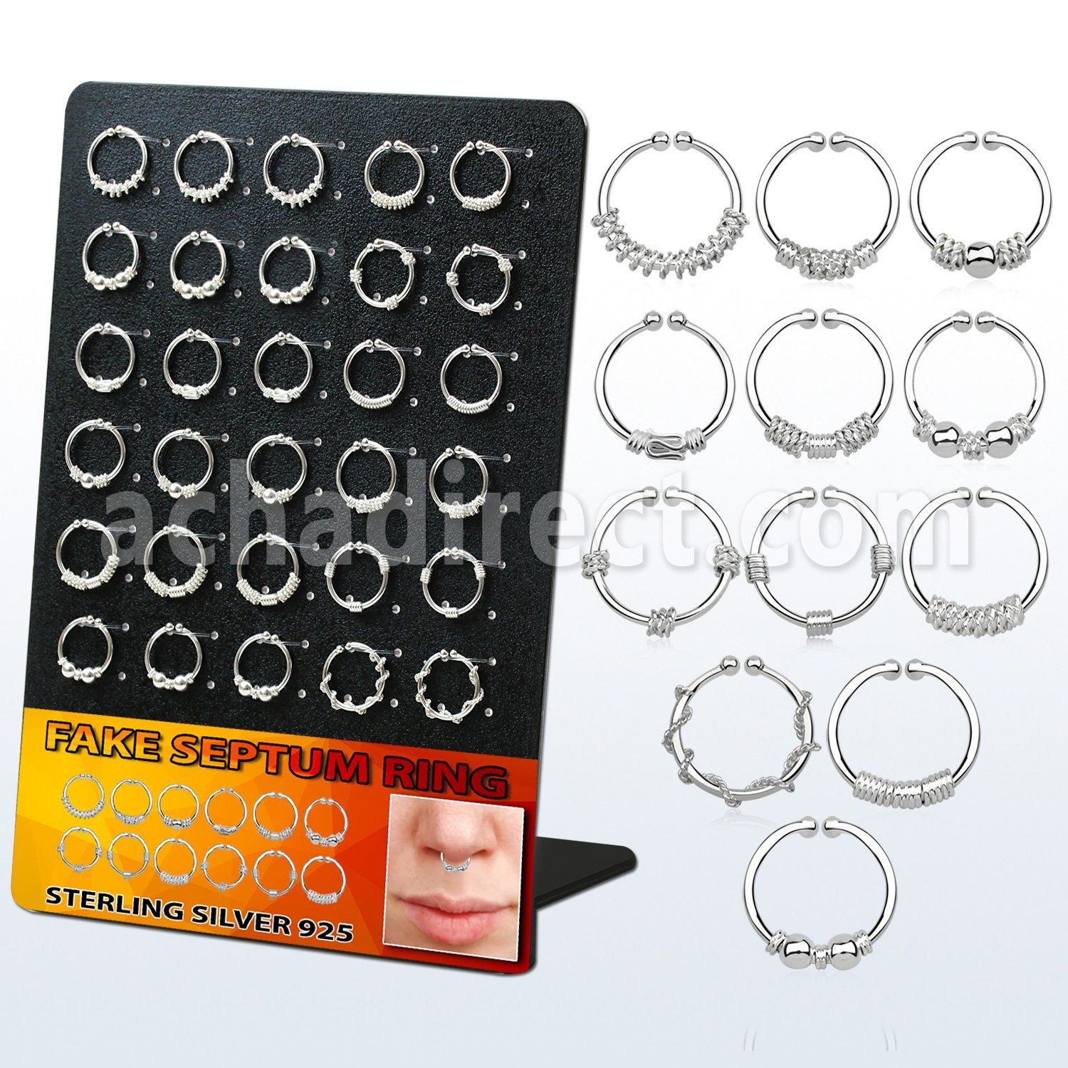 brnhm20 display 30 anillos septum falsos plata esterlina 1mm disenos variados 12mm distribuidor mayorista