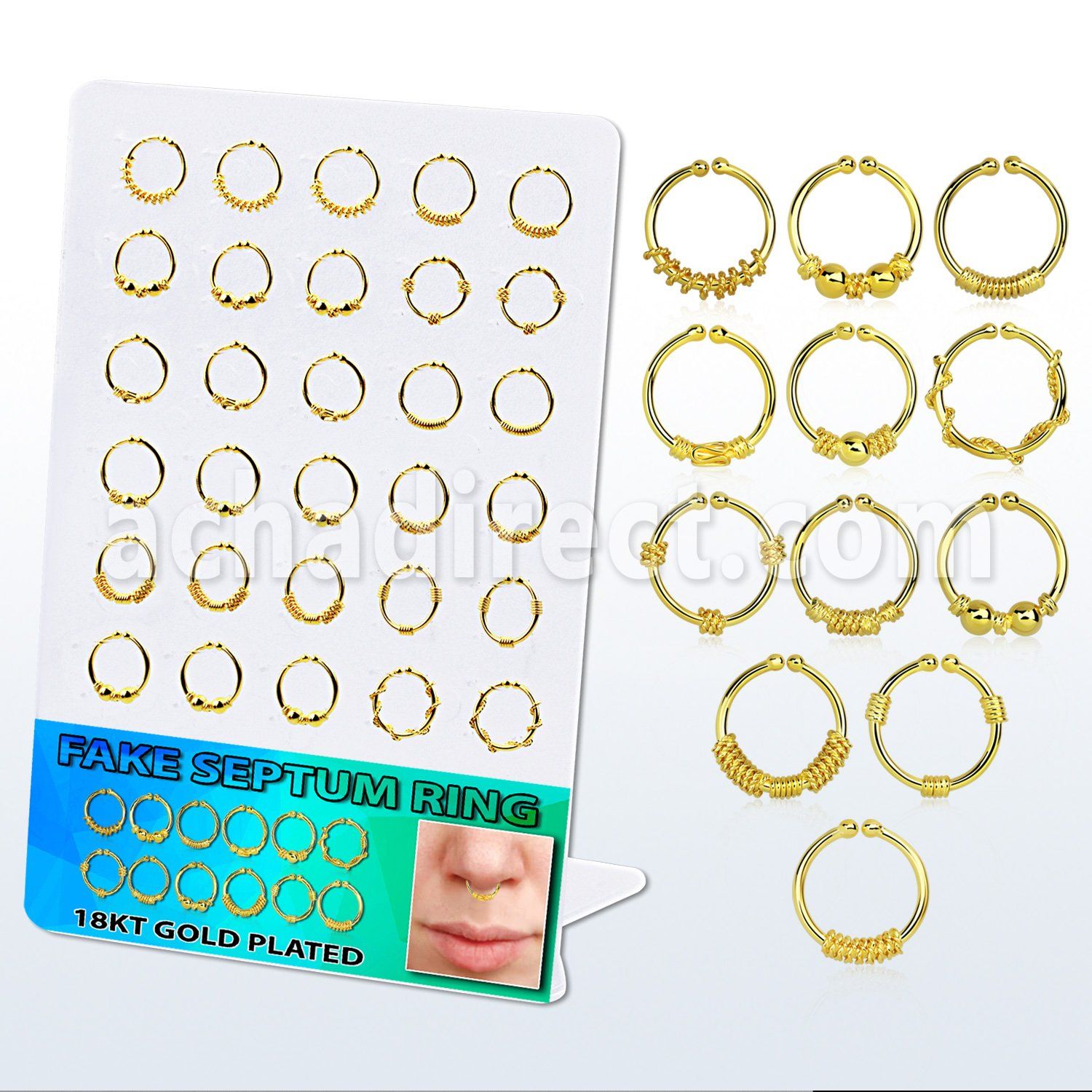 brnhm21 display 30 anillos septum falsos plata esterlina 1mm oro 18 kts disenos variados 12mm mayorista