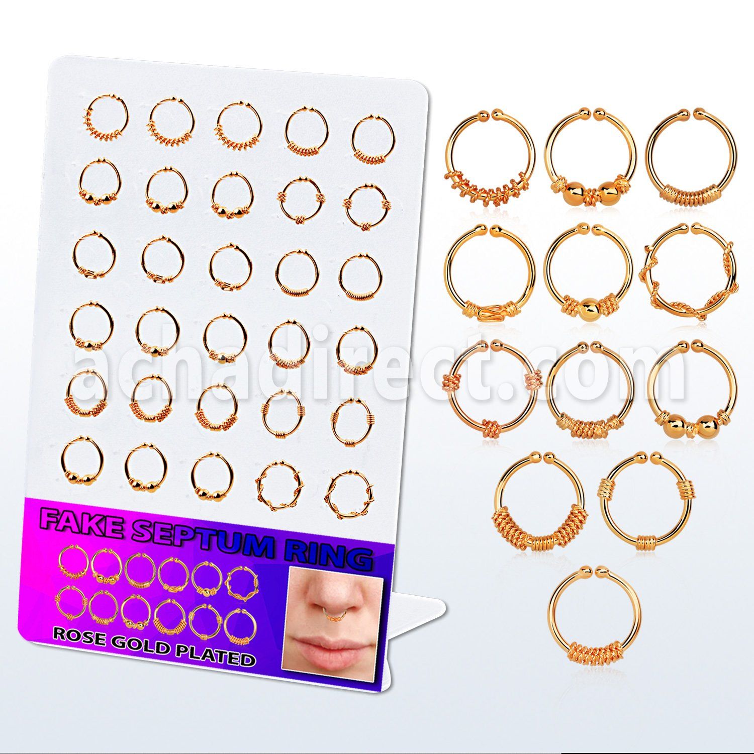 brnhm22 display 30 anillos septum falsos plata esterlina 1mm oro rosa disenos variados 12mm al por mayor
