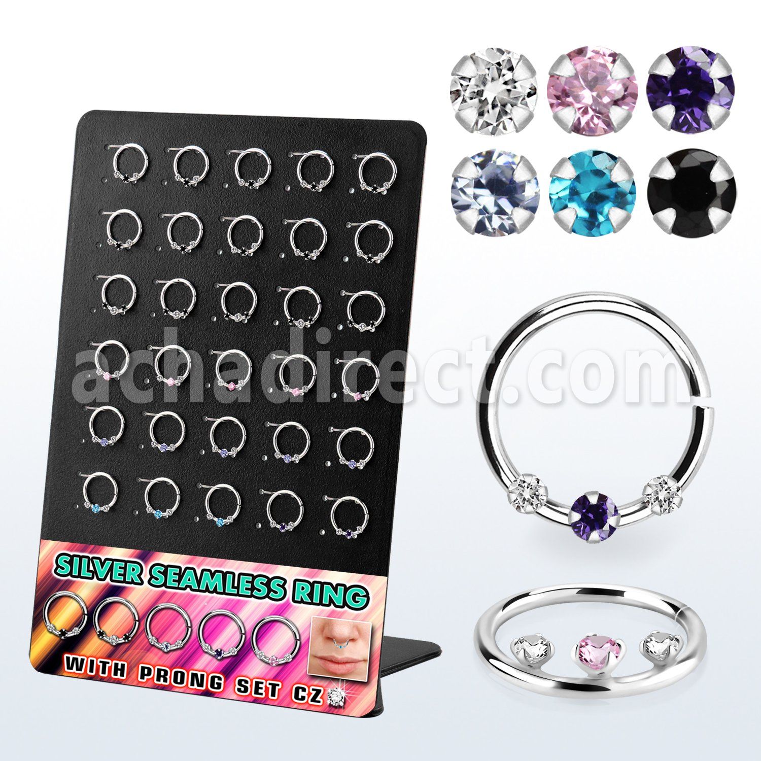 brnhm51 display 30 aro continuo plata 925 piercing septum 1mm zirconia 2mm centro entre 1 5mm 10mm mayorista