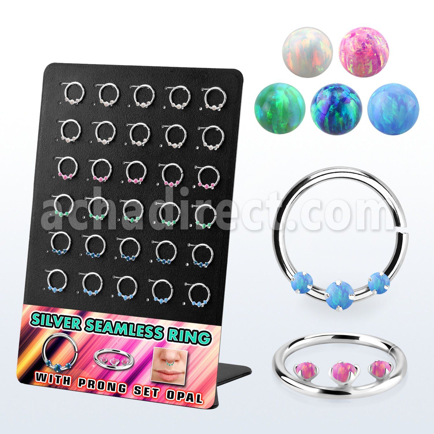 brnhm52 display 30 aro continuo plata 925 piercing septum 1mm opalo redondo 2mm centro entre opalos sinteticos 1 5mm 10mm distribuidor