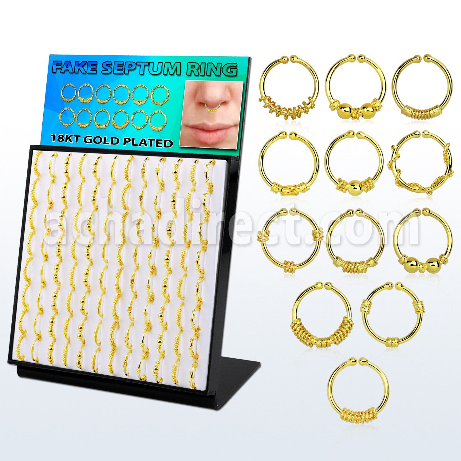 brnhmx19 display 96 anillos septum falsos plata esterlina 1mm oro 18 kts disenos variados 12mm venta