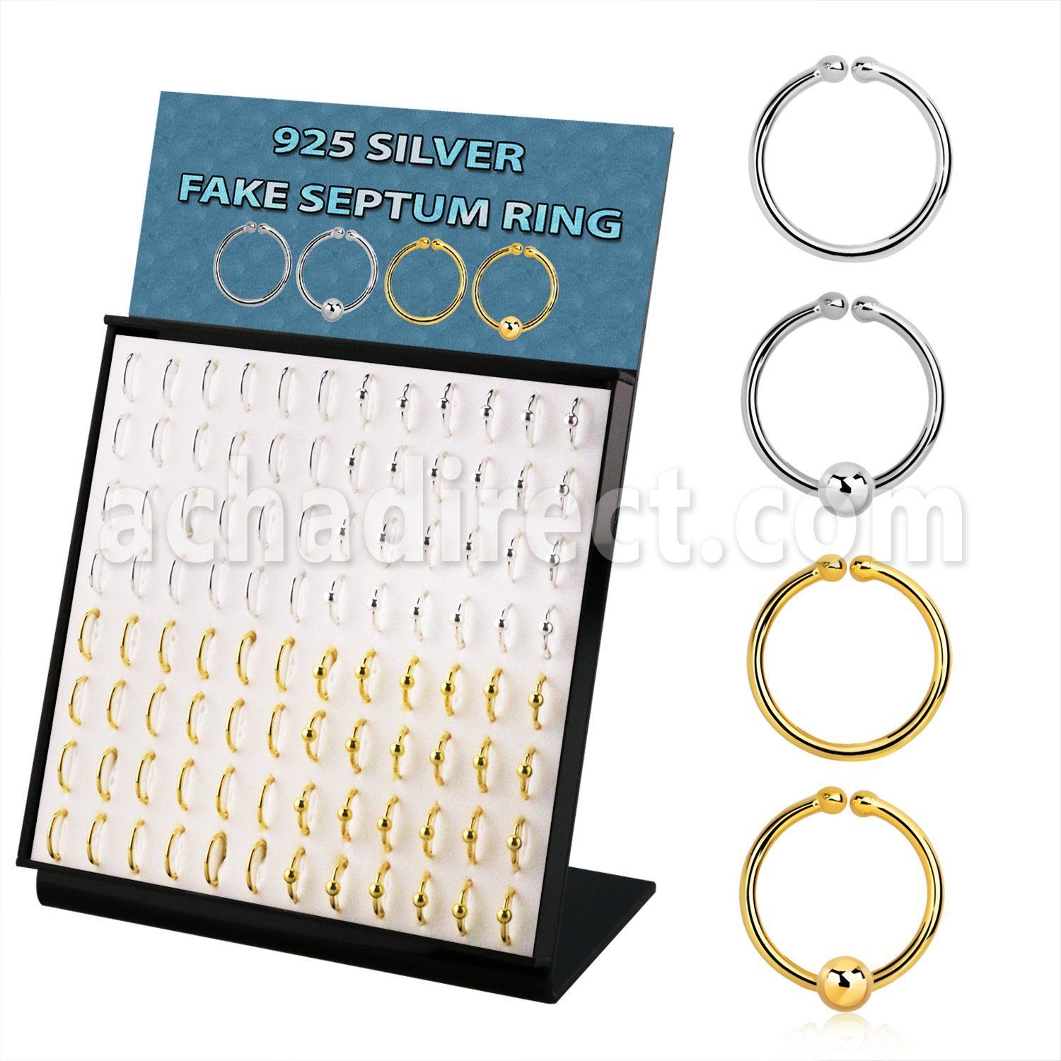 brnhmx32 display 96 anillos septum falsos plata 925 plata lisa oro 18 kts 1mm 48 liso 48 bolas 10mm al por mayor