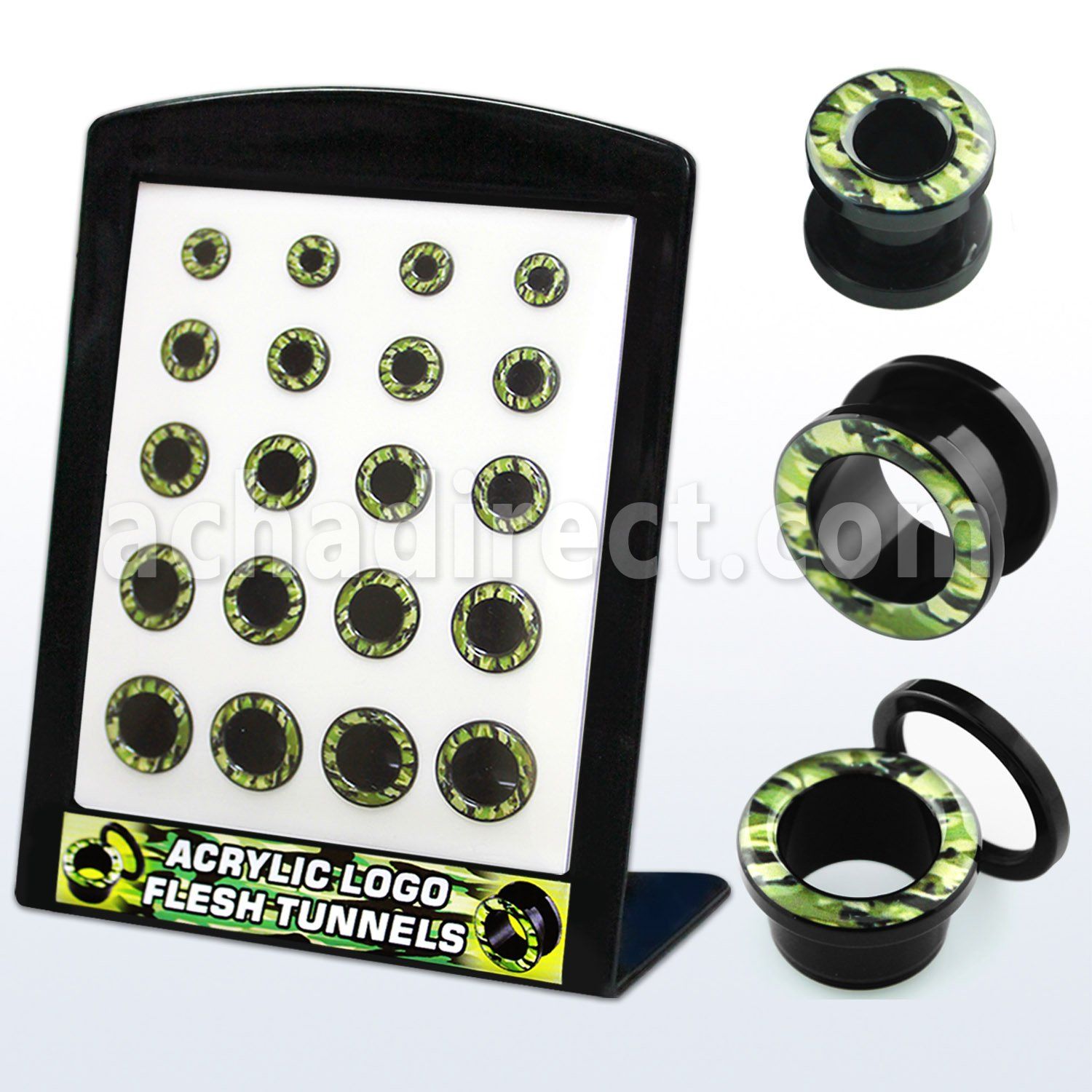 brpg101 display 20 dilatadores tunel acrIlico negro logo estampado camuflaje 6mm 14mm venta por mayor