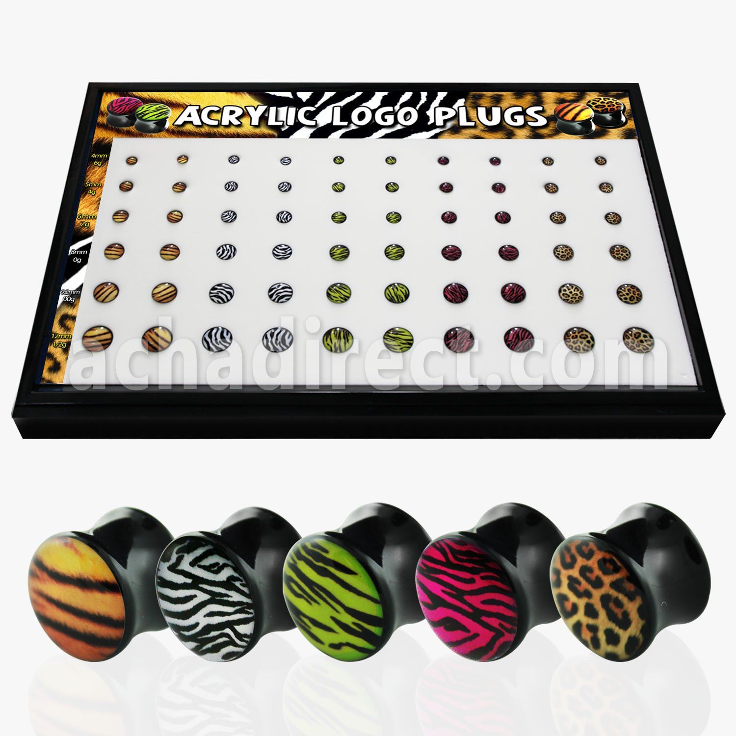 brpg102 display 60 dilatacones plug doble flare acrilico negro logos piel animal 4mm 12mm distribuidor mayorista