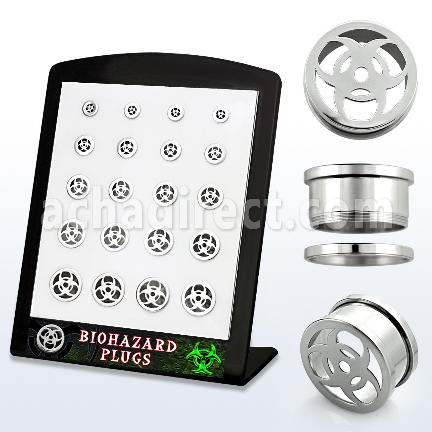 brpg144 mayorista display 20 dilatadores tunel acero anodizado rosca logo peligro biologico grabado laser 6mm 14mm distribuidor mayorista