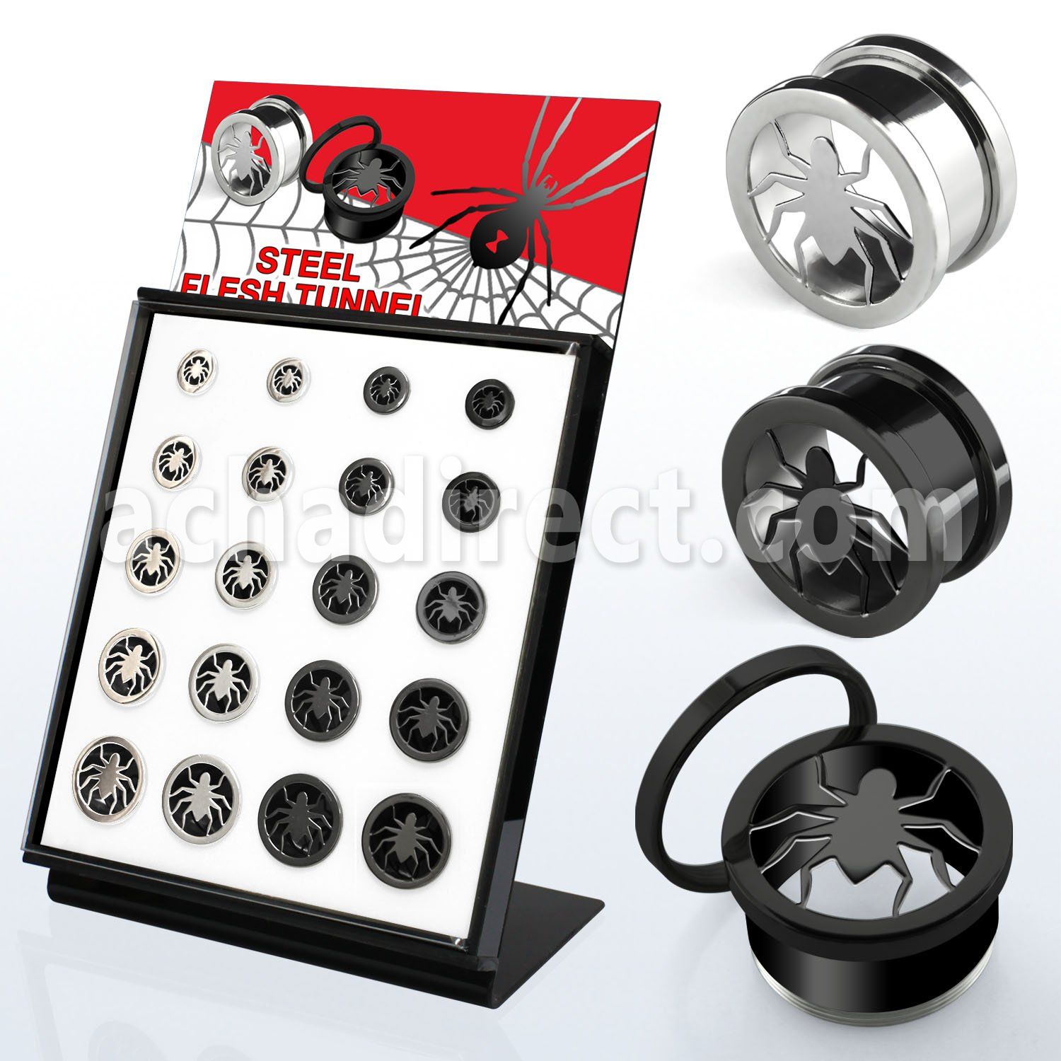 brpg146a display 20 dilataciones tunel tornillo acero anodizado negro brillo espejo logo arana 8mm 16mm distribuidor mayorista