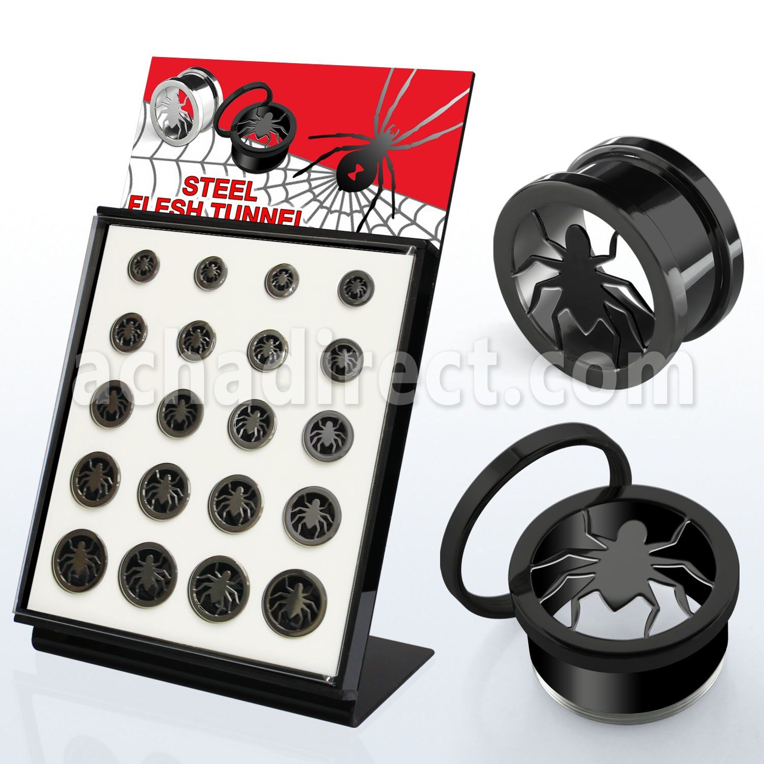 brpg146c display 20 dilataciones tunel tornillo acero anodizado negro logo arana 8mm 16mm distribuidor