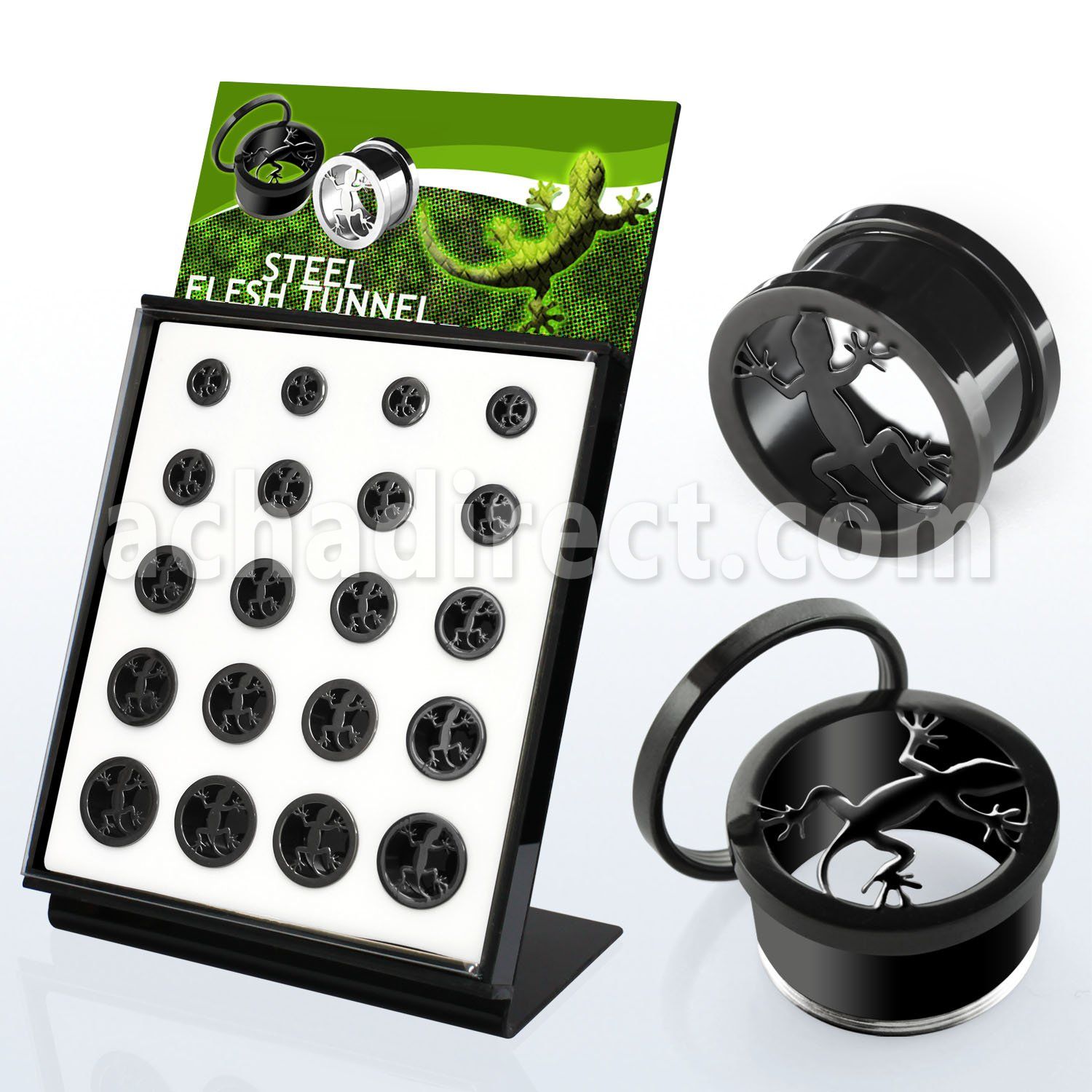 brpg147c display 20 dilataciones tunel tornillo acero anodizado negro logo lagarto 8mm 16mm venta